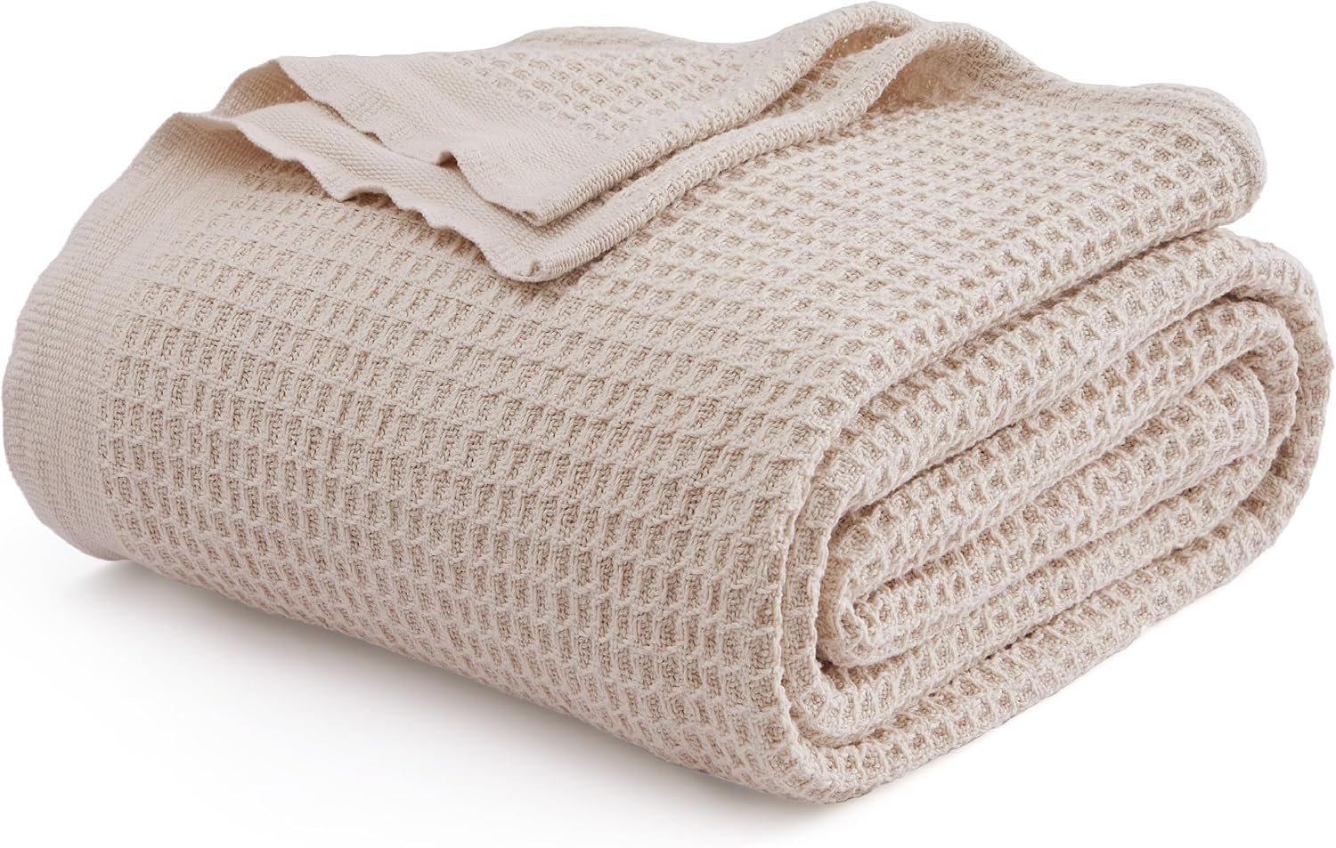 Bedsure 100% Cotton Blanket, Waffle Weave, Queen Size, Beige, 90″x90″