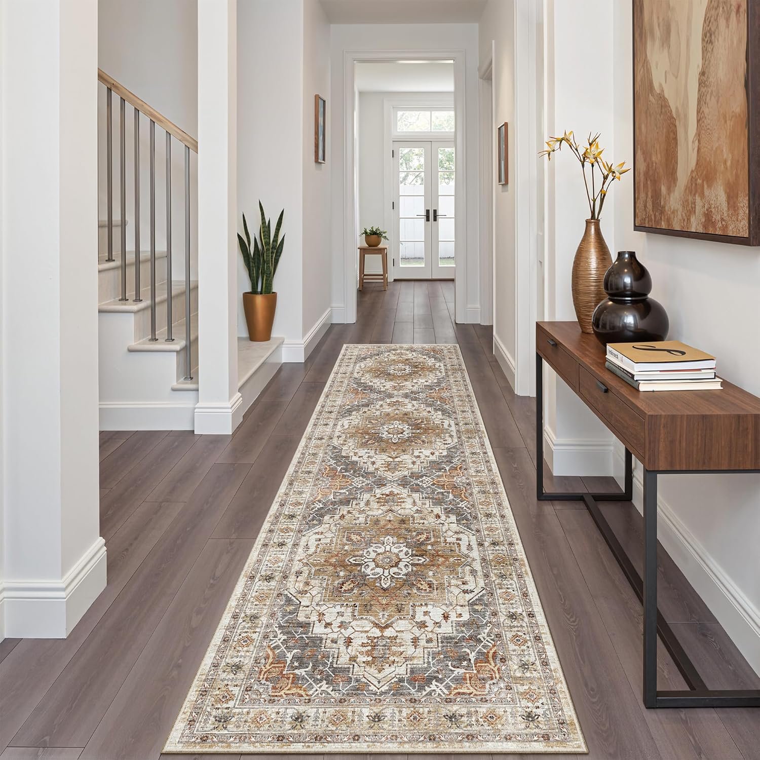 Madane Hallway Runner Rug 2×8 Washable Kitchen Rugs Non-Slip, Turmeric/Grey