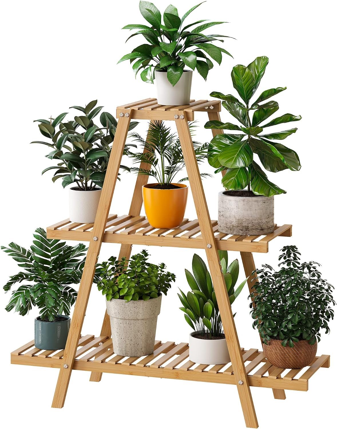 Bamboo Plant Stand – Indoor/Outdoor 3 Tier Plant Ladder, 8 Potted Flower Holder, Natural