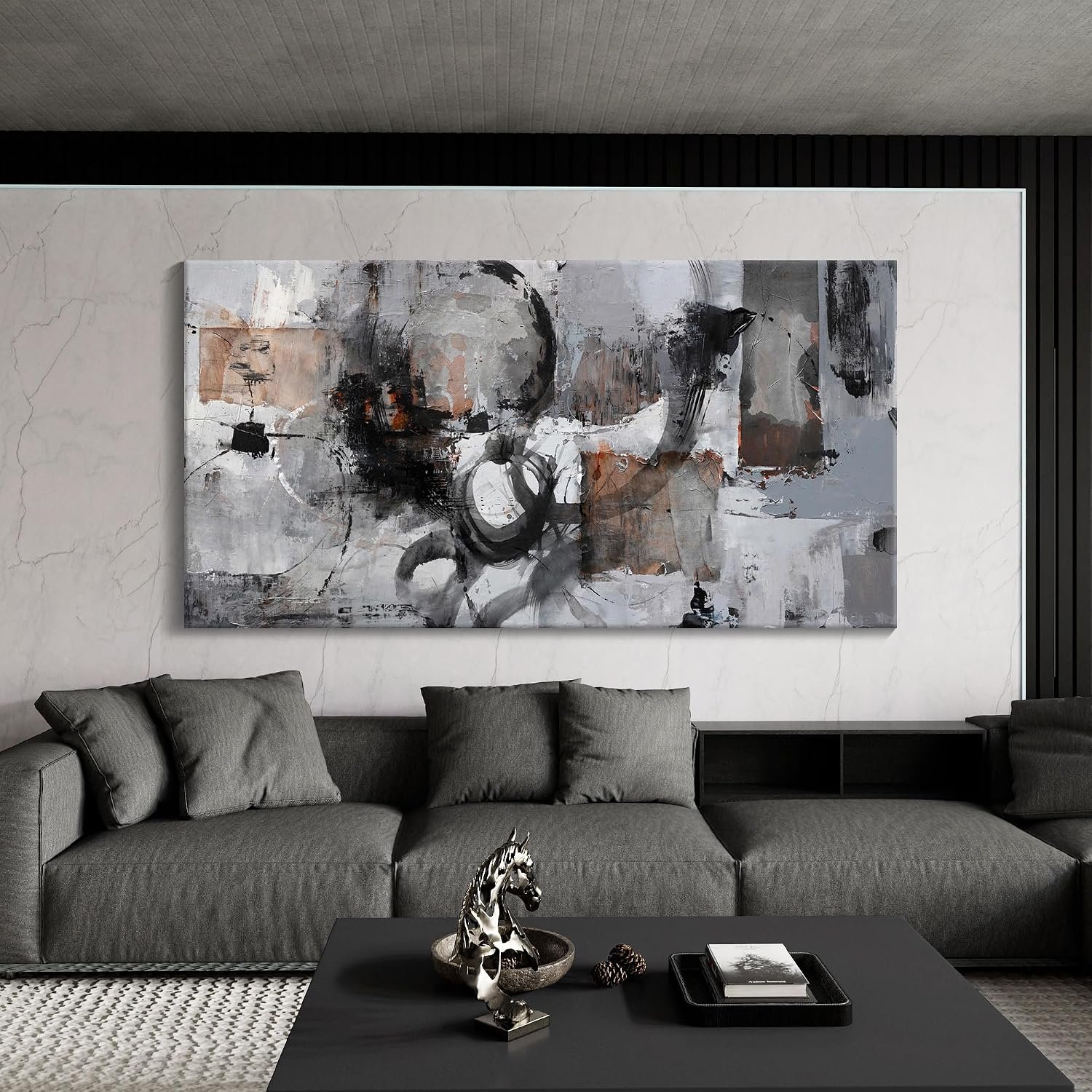 Pogusmavi Large Abstract Canvas Wall Art – Black & Grey, 29x58in, Framed, Modern Decor for Living Room & Bedroom