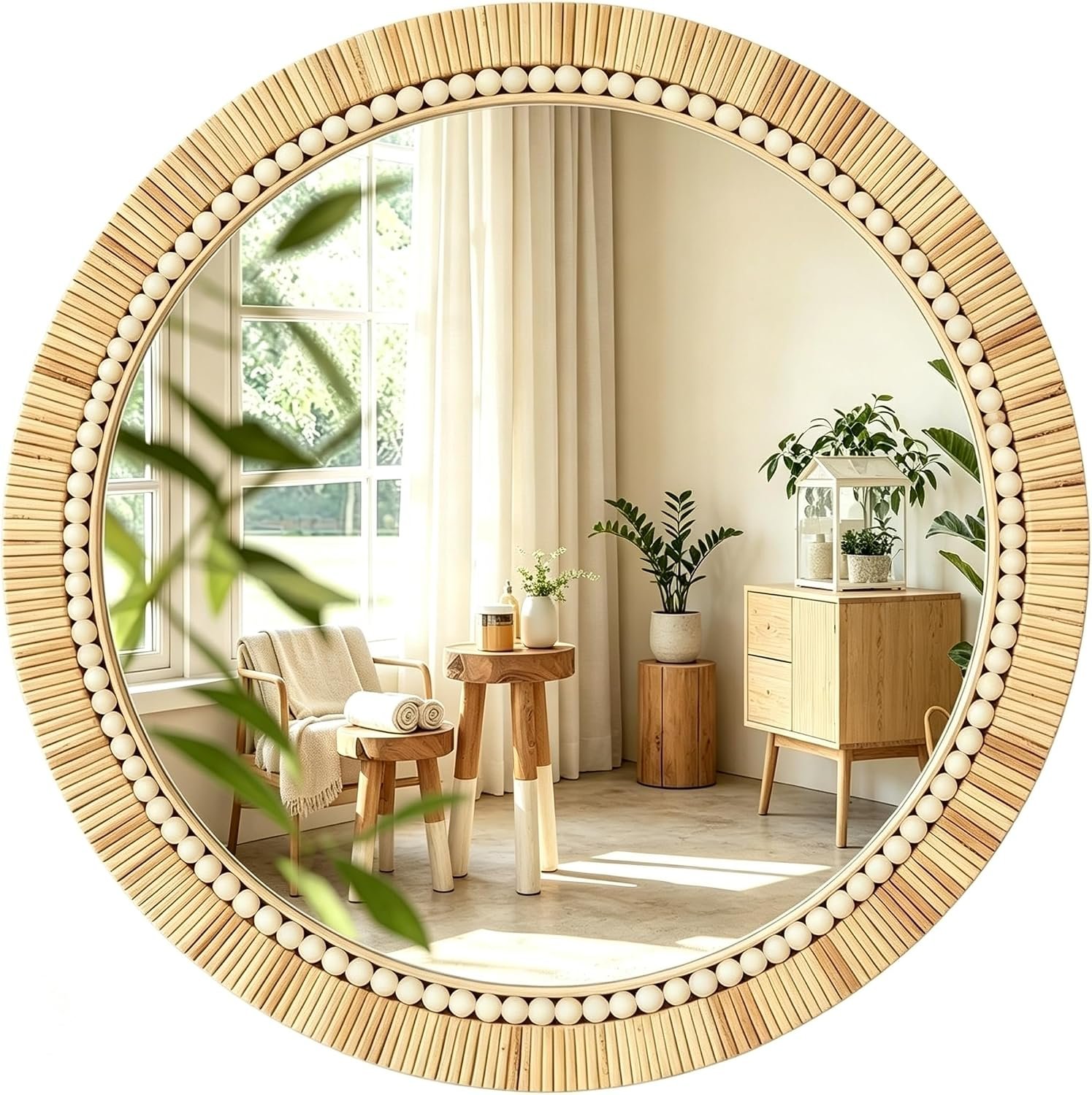 OYPEIP 24 Inch Round Natural Rattan Wall Mirror, Boho Decorative Mirror with White Beads, Rustic Farmhouse Circle Mirror for Living Room, Entryway, Bathroom, Bedroom