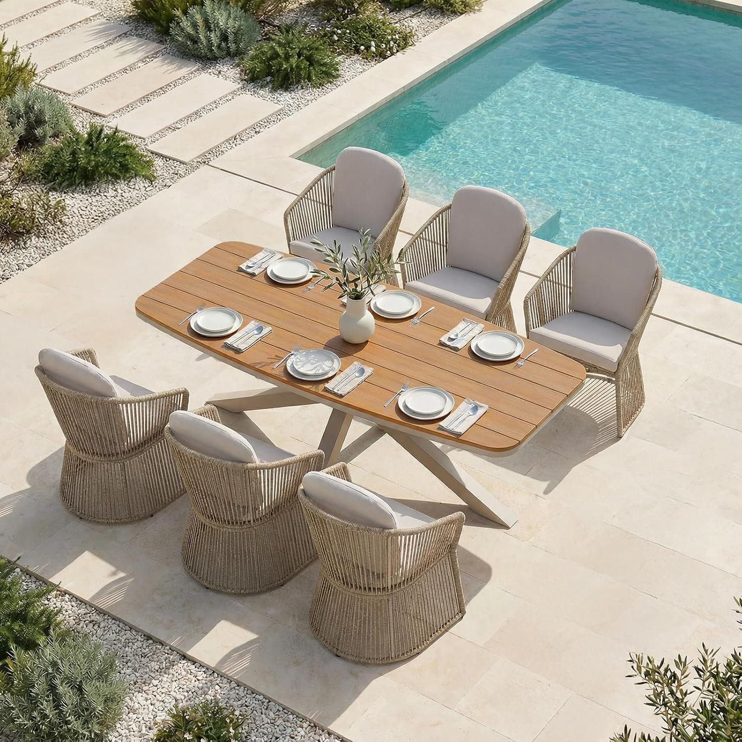 SUNSITT 7 Piece Outdoor Patio Dining Set w/Woven Wicker Chairs, Beige