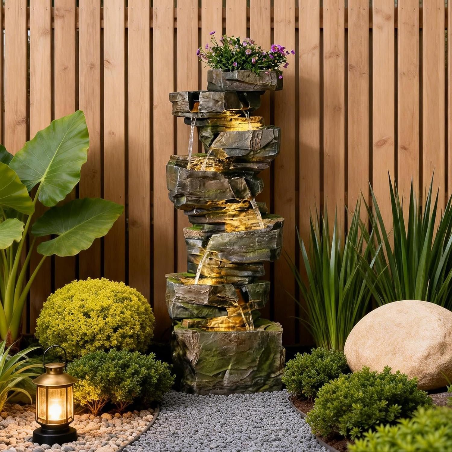 Sunlinua 49H Realistic Rock Outdoor Water Fountain with 6 Tiers