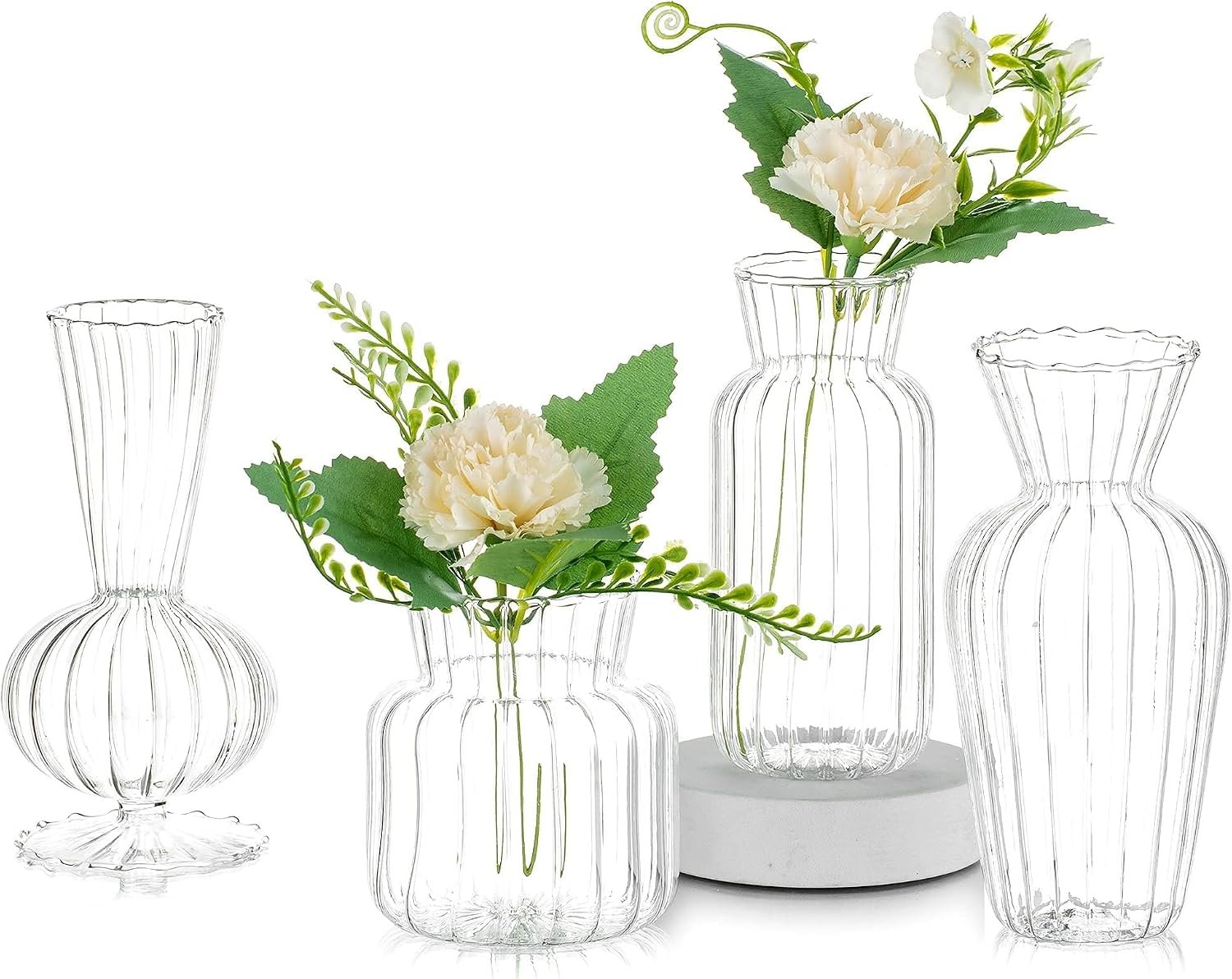 Glasseam Ribbed Glass Bud Vases for Flowers, Set of 4 Modern Home Decor