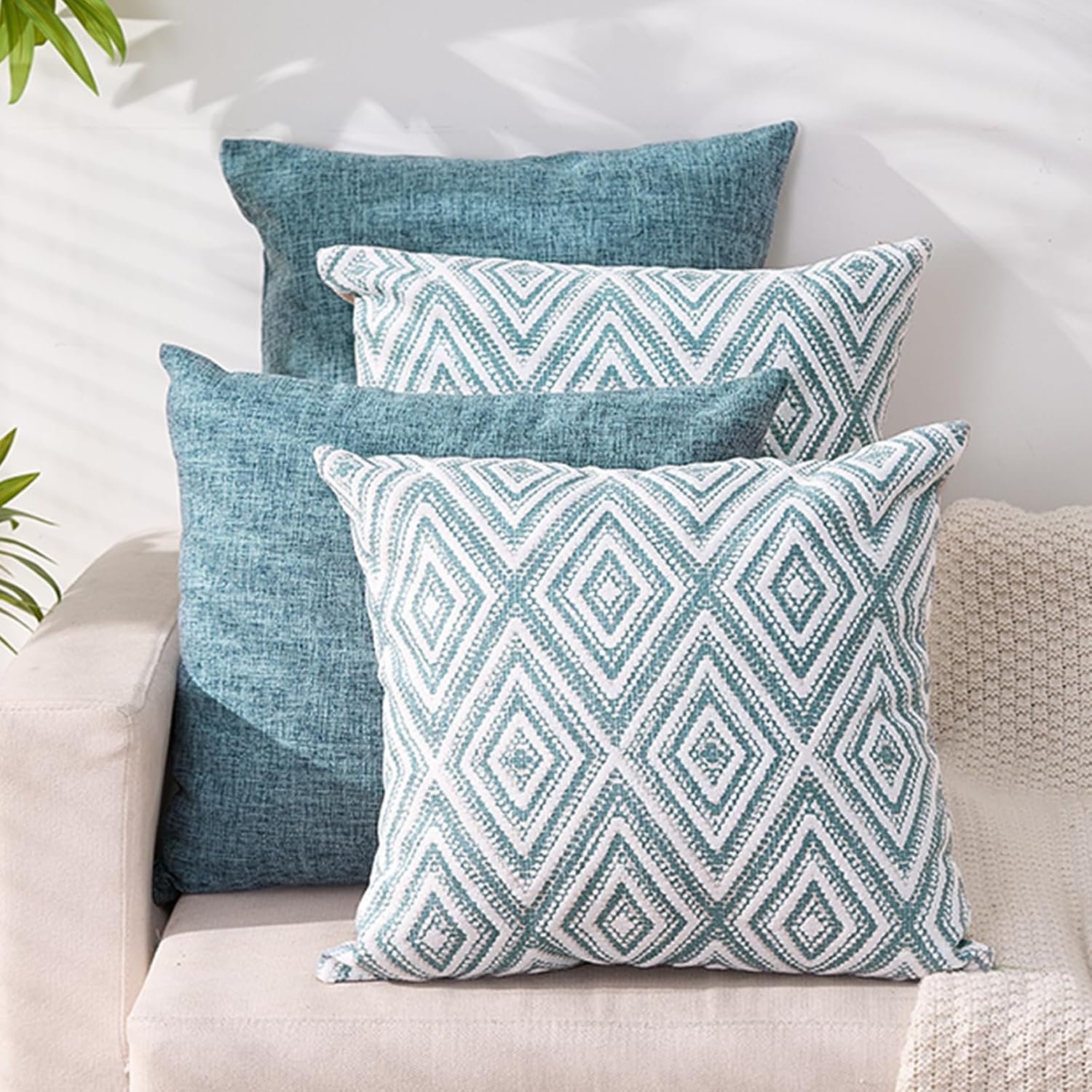 HPUK Throw Pillow Covers 18×18 Set of 4, Blue Patterned & Solid Covers