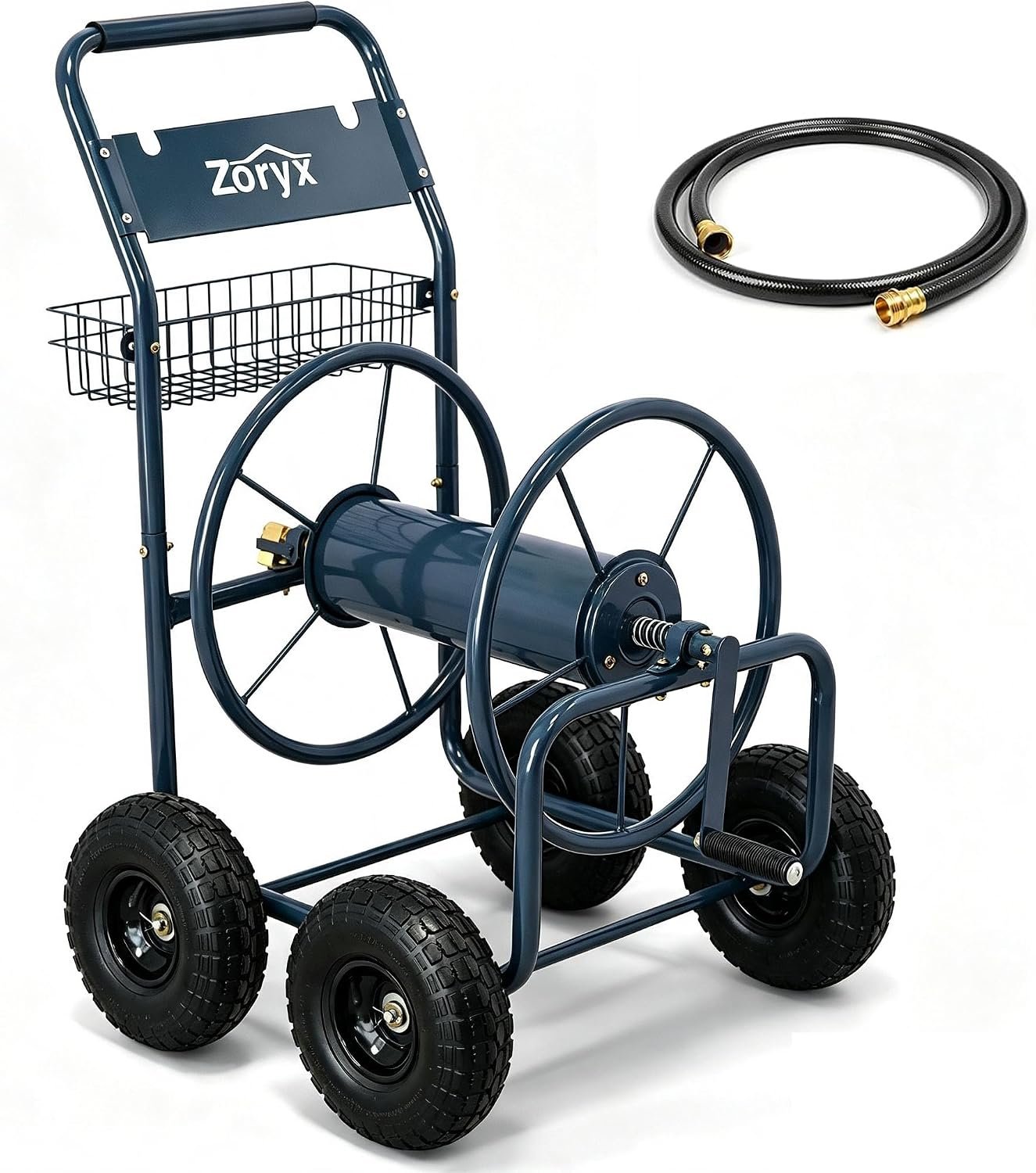 Zoryx 300ft Heavy Duty Garden Hose Reel Cart, Metal Water Hose Cart with 4 Wheels, Tangle-Free Portable Hose Reel, Anti-Leak Brass Fittings, Storage Basket for Outside Yard, Outdoor Planting Tool