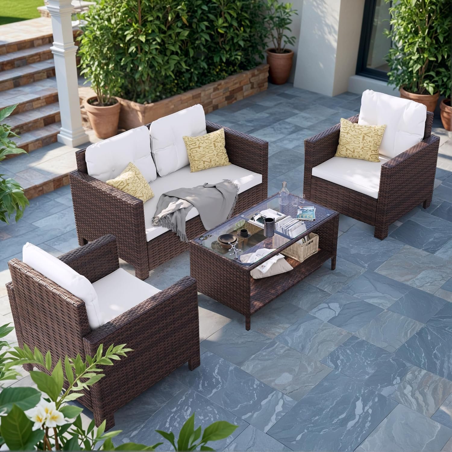 Devoko Patio Furniture Set 4 Pieces Outdoor Conversation Table and Chairs Wicker Patio Dining Sofa Set for Balcony Lawn Backyard