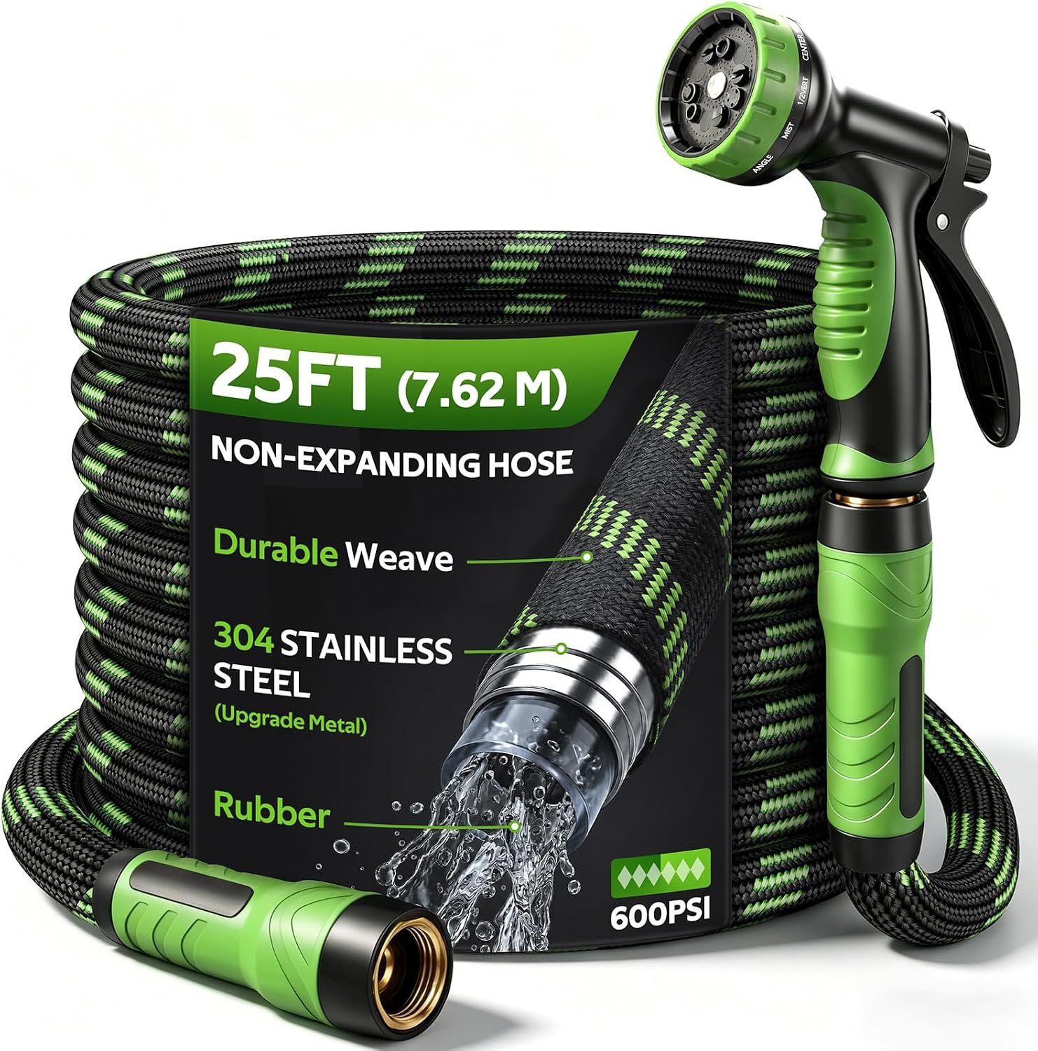 NON-EXPANDABLE Garden Hose 25 FT Water Hose with 10-Function Spray Nozzle