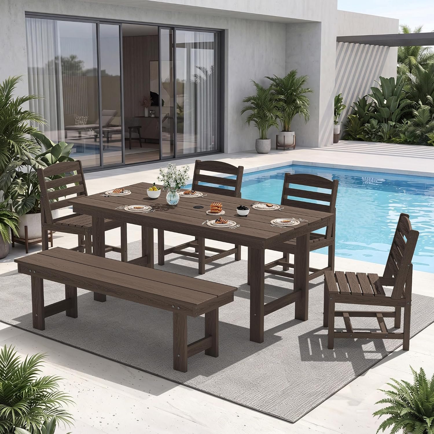 KINGYES 6-Piece Patio Dining Set,HDPE Table Bench and Armless Chairs Coffee