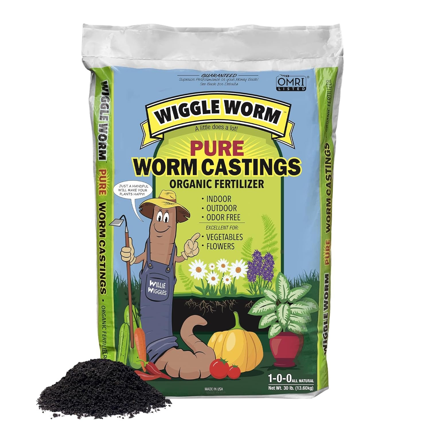 Wiggle Worm 100% Pure Organic Worm Casting Fertilizer, 30lb