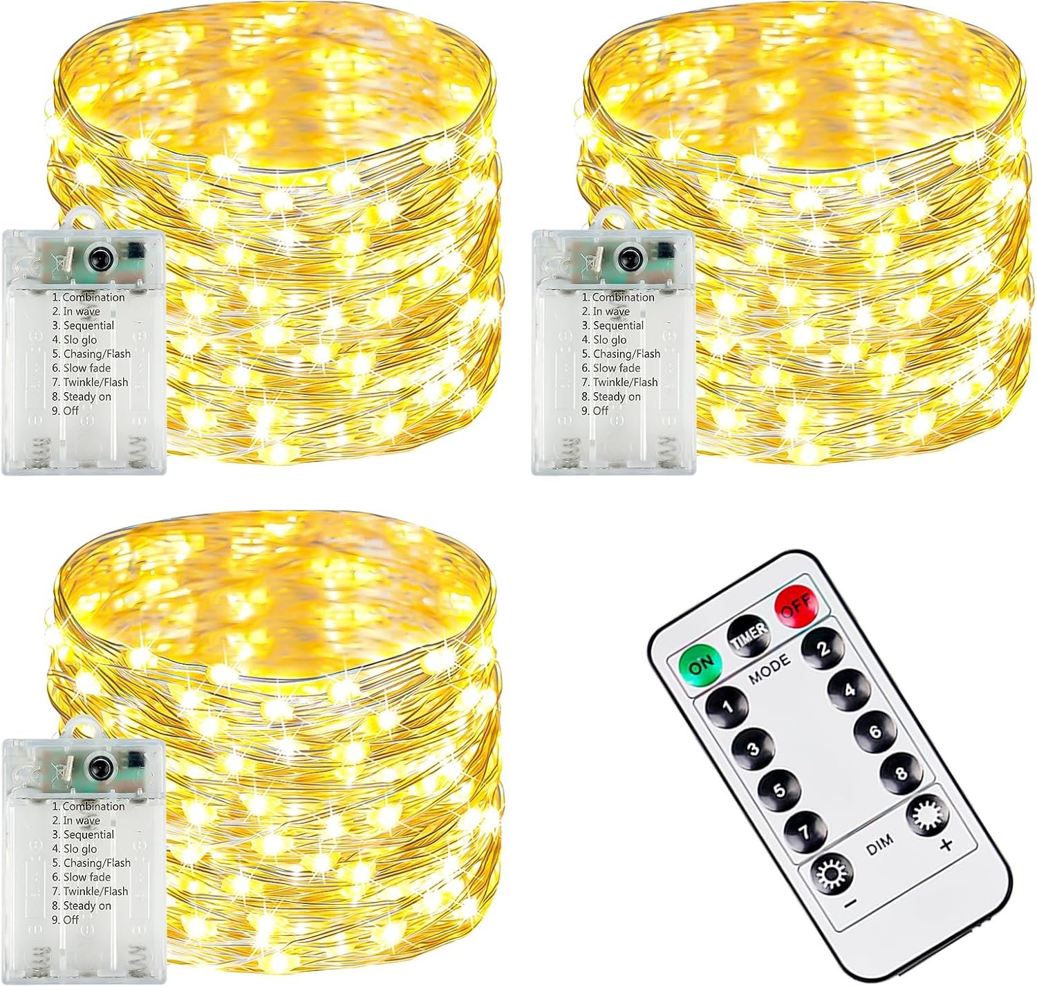 3 PK 78FT 240LED Fairy Lights Battery Operated with Timer Remote Warm White