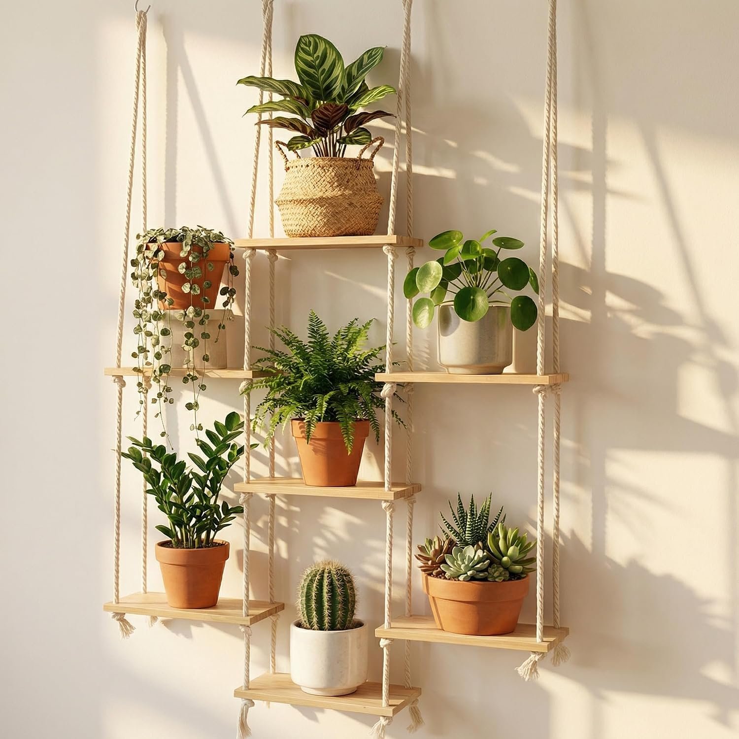 Yalikop 1 Pack Hanging Window Plant Shelves, 7 Tier Boho Indoor Window Hanging Plant Shelf Wood Wall Floating Shelves for Balcony, Living Room & Indoor Garden Decor (Rectangle)