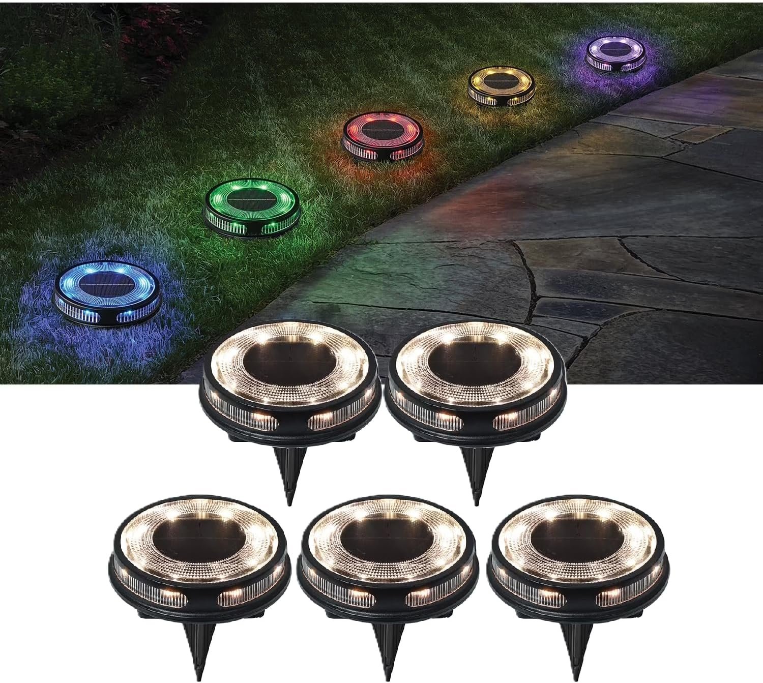 Member Marks Solar Disc Lights (5-Pack) – Ultra-Bright 30 Lumens Outdoor Garden Lights – Warm White & Color Changing Modes – Stainless Steel Waterproof In-Ground Lighting for Path, Yard, and Deck
