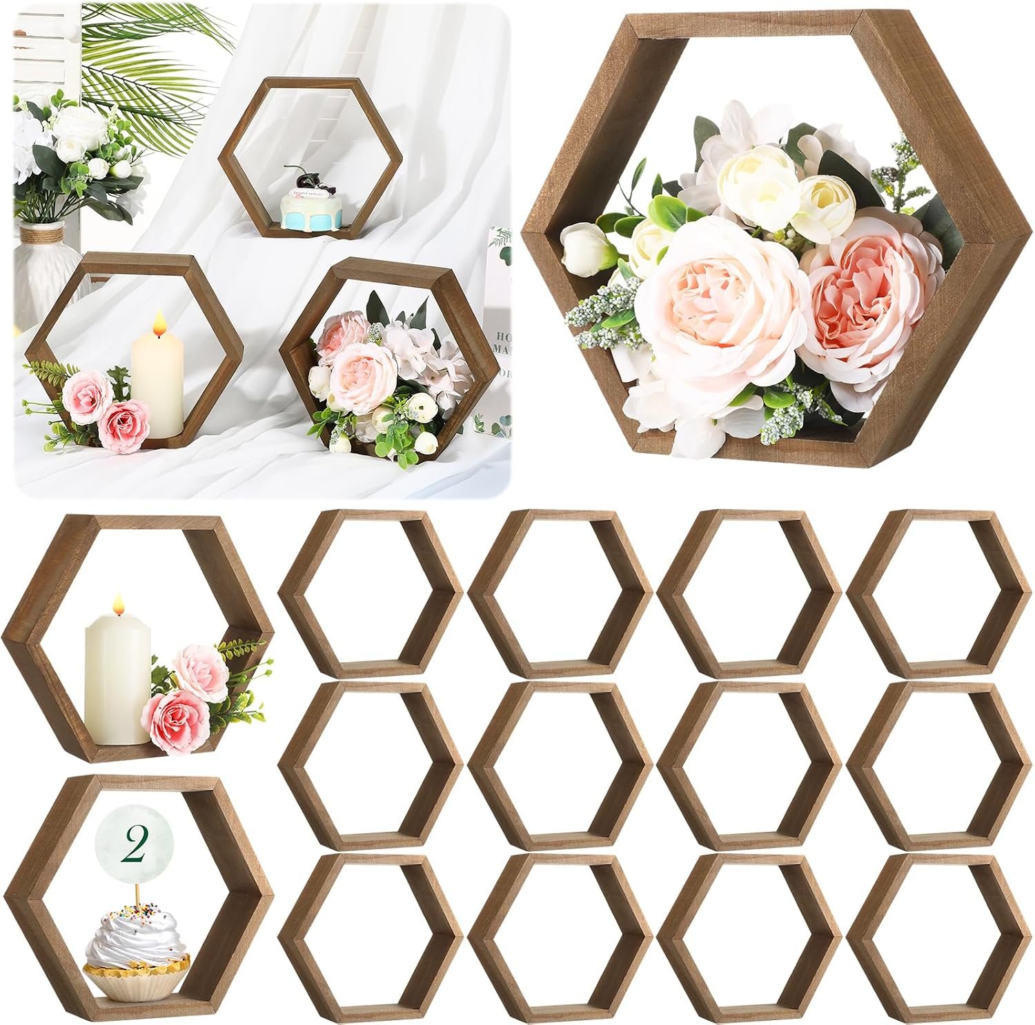 Barydat 12 Pcs 12pcs 8inch Hexagon Shelves Wedding Table Decor, Brown