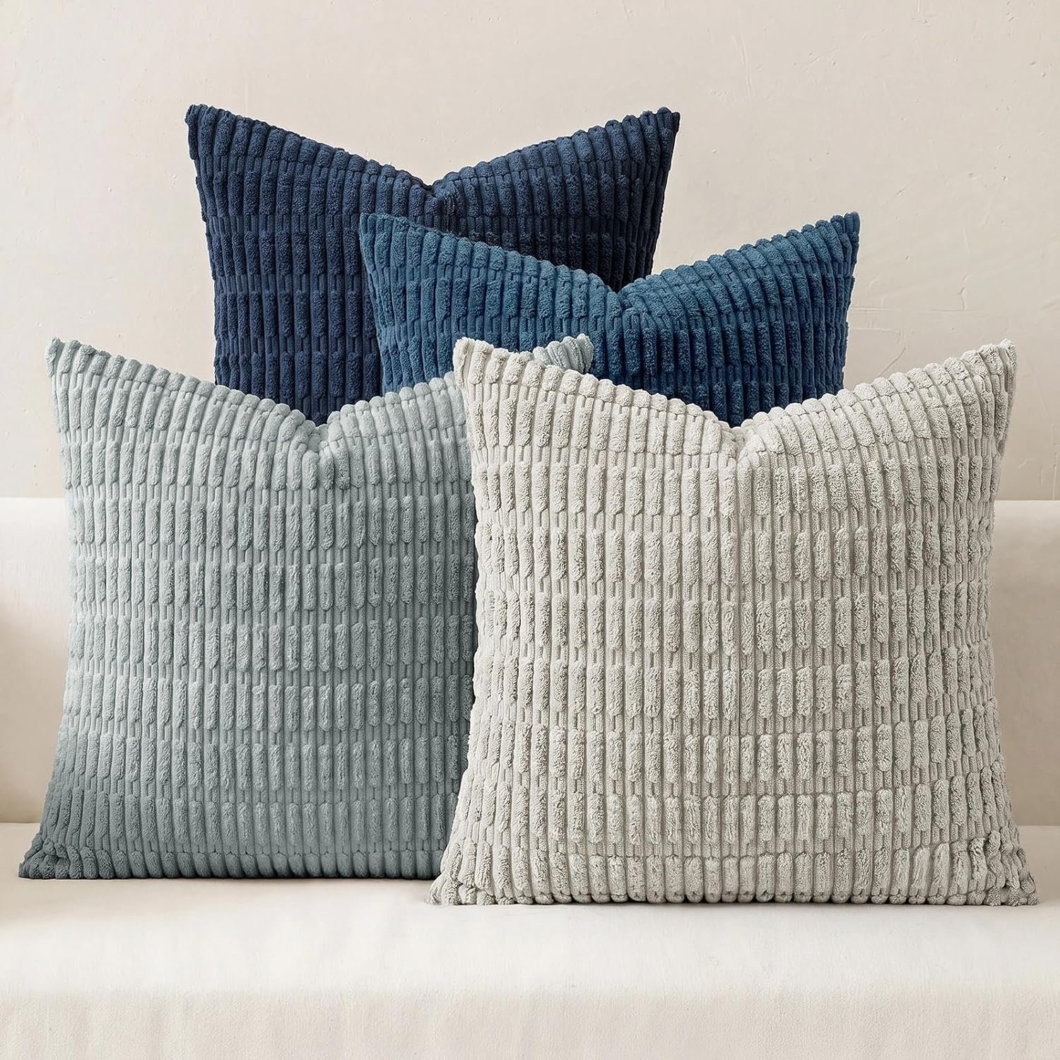 Pack of 4 Corduroy Decorative Throw Pillow Covers 18×18 Inch, Grey/Blue