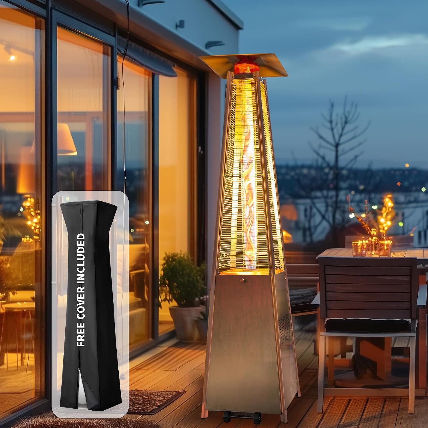 48,000 BTU Flame Pyramid Pool Heater, Stainless Steel Triple Safety Protection Patio Heater with Patio Cover, Warm Glass Tube Portable Heater with Durable Wheels-Stainless Steel Color