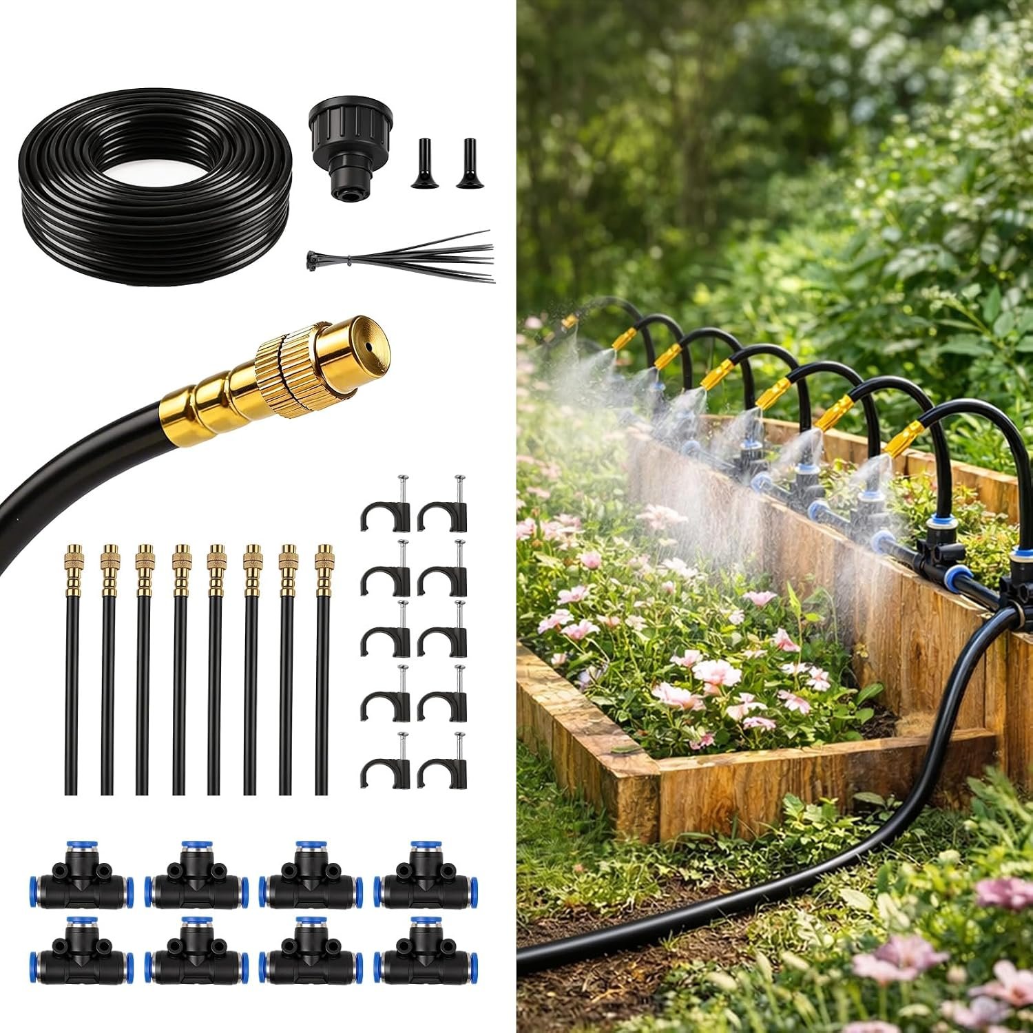 50FT Drip Irrigation Kit, 360° Adjustable Garden Watering System with 1/4″ Tubing, Brass Misting Nozzles, DIY Irrigation System for Plants, Raised Beds, Greenhouse