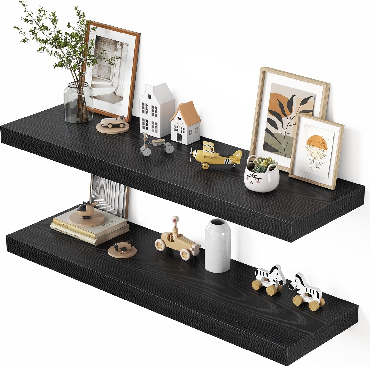 Dreamland 48″ Floating Shelves for Wall, 12″ Deep Thicker Black Floating Shelves, Wall-Mounted Shelves for Bedroom, Living Room, Kitchen, Bathroom – Set of 2