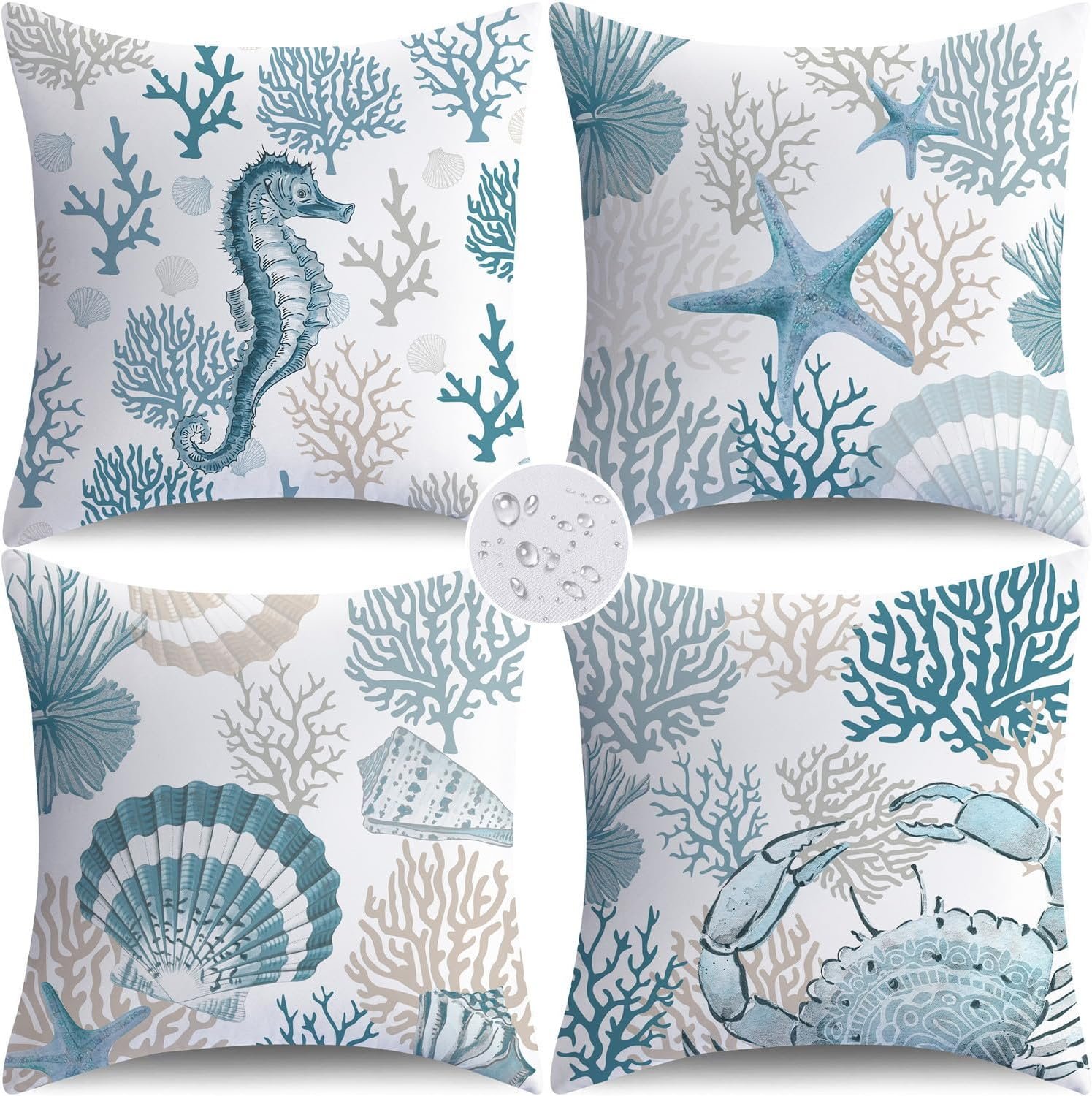 NIGHTWISH Coastal Beach Summer Outdoor Waterproof Throw Pillow Covers 18×18 Set of 4 Ocean Nautical Cushion Cases for Patio Furniture Bench Couch Sunbrella