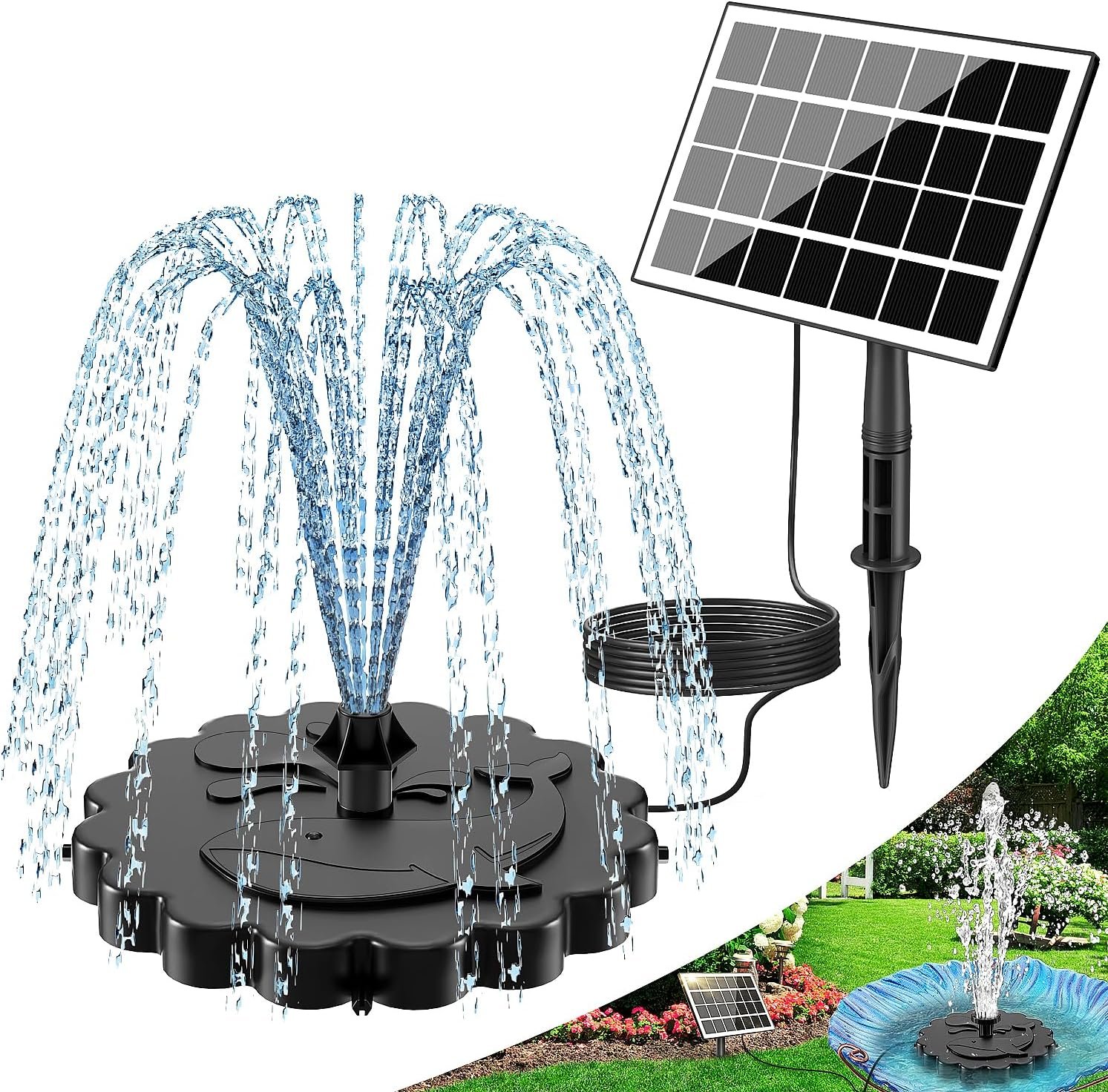 SZMP 3.5W Solar Fountain Pump, All-Glass Panel Solar Water Pump Kit with Stake & 4 Anti-Drift Rods, 9.8FT Cable 8 Nozzles for Bird Bath, Garden, Backyard, Fish Tank