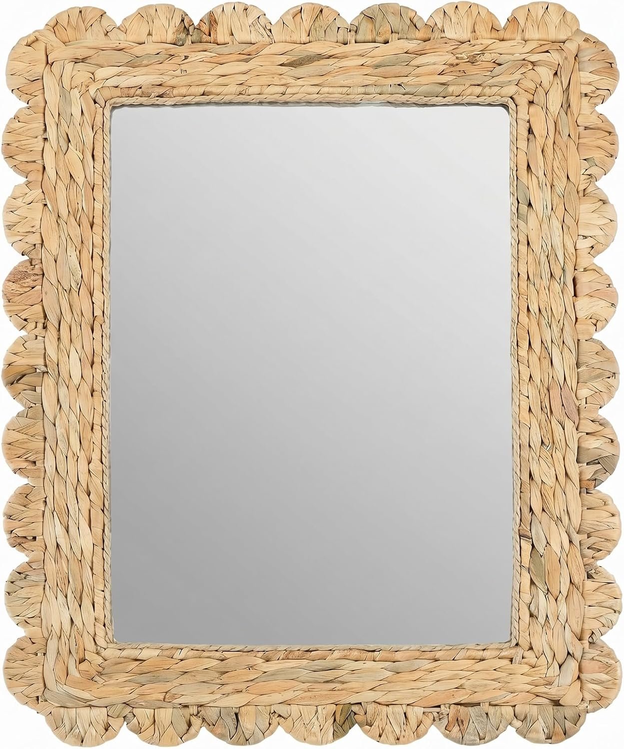 23″ x 17″ Scalloped Rattan Mirror Handwoven Water Hyacinth Wall Mirror Decorative Natural Water Hyacinth Wall Wavy Frame for Bathroom, Living Room, Entryway Decor