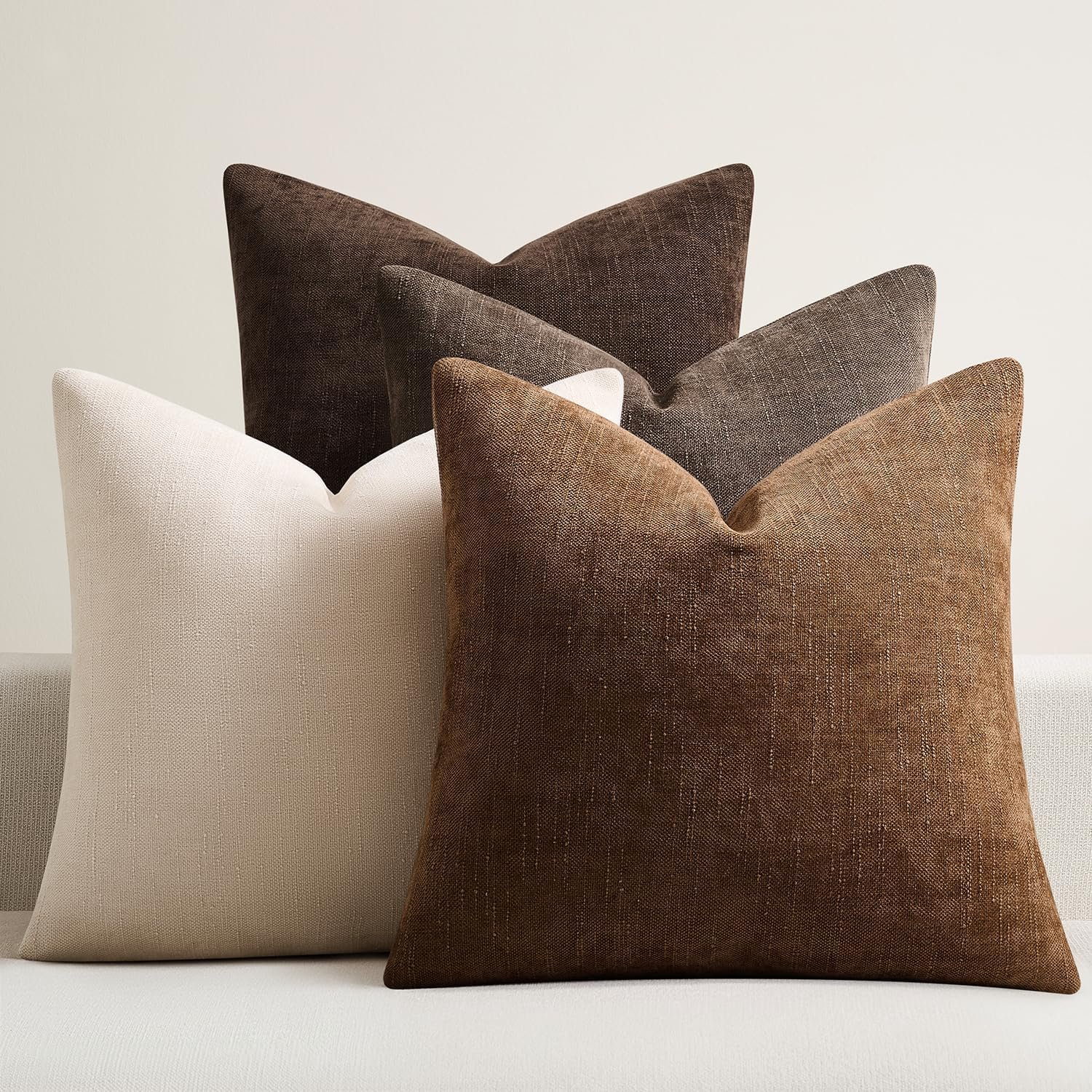 Pack of 4 Throw Pillow Covers 20×20 Inch Chenille Textured Neutral Brown Soft Pillow Covers Solid Decorative Farmhouse Cushion Covers Home Boho Western Decor for Couch Sofa Bed Living Room