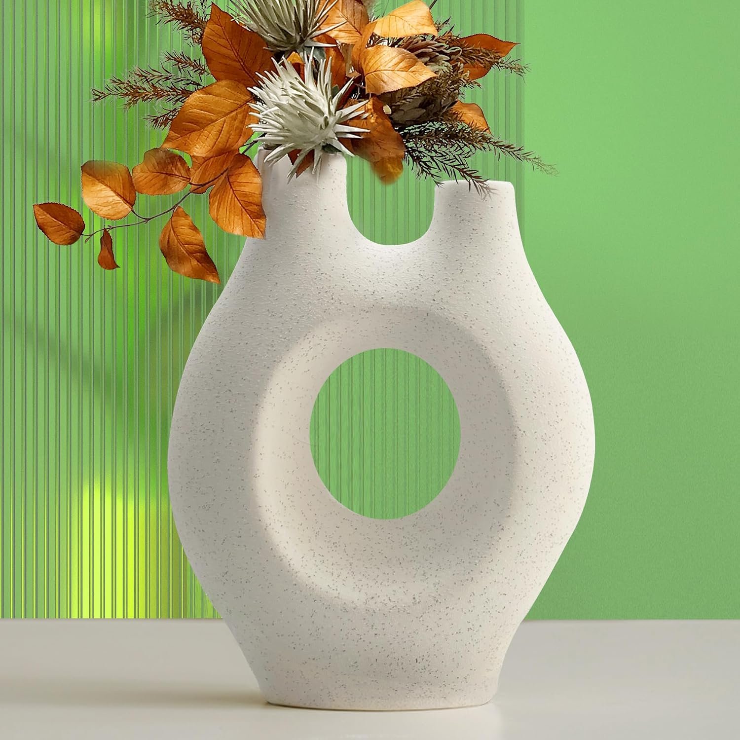 White Donut Ceramic Vase for Flowers, Round Boho Vase for Pampas Grass, Double Bottle Mouth INS Nordic Style for Wedding Dinner Table Party and Festive Home Decor Gift(W6.3” X H8.5”)
