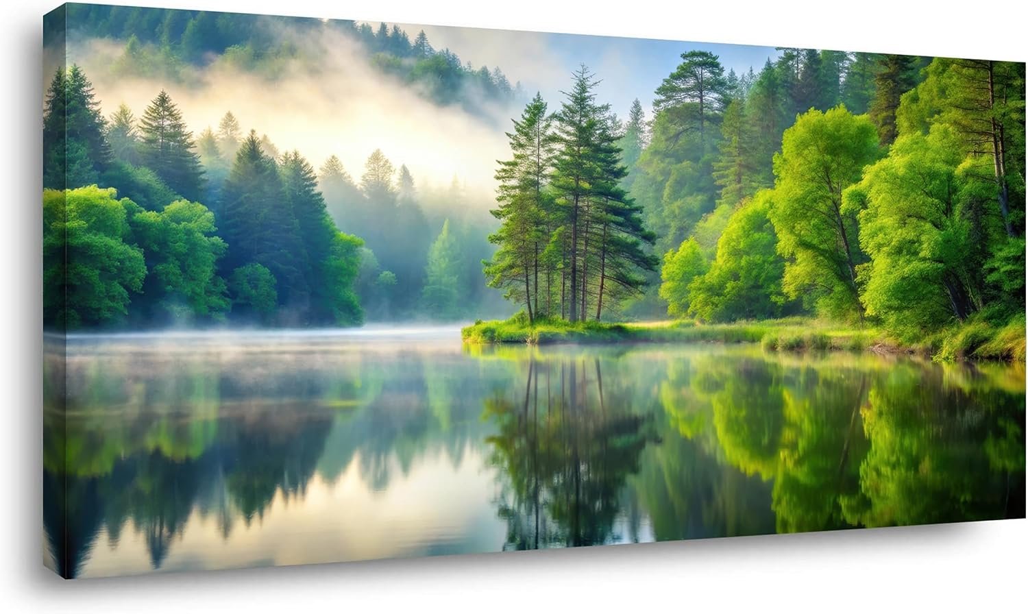 Lasdel Beautiful Lakeside Forest Landscape Wall Art for Living Room Office Nature Scenery Green Woods Lake Painting Prints Summer Scenic Canvas Artwork Over the Couch Dining (20×40 Inches)