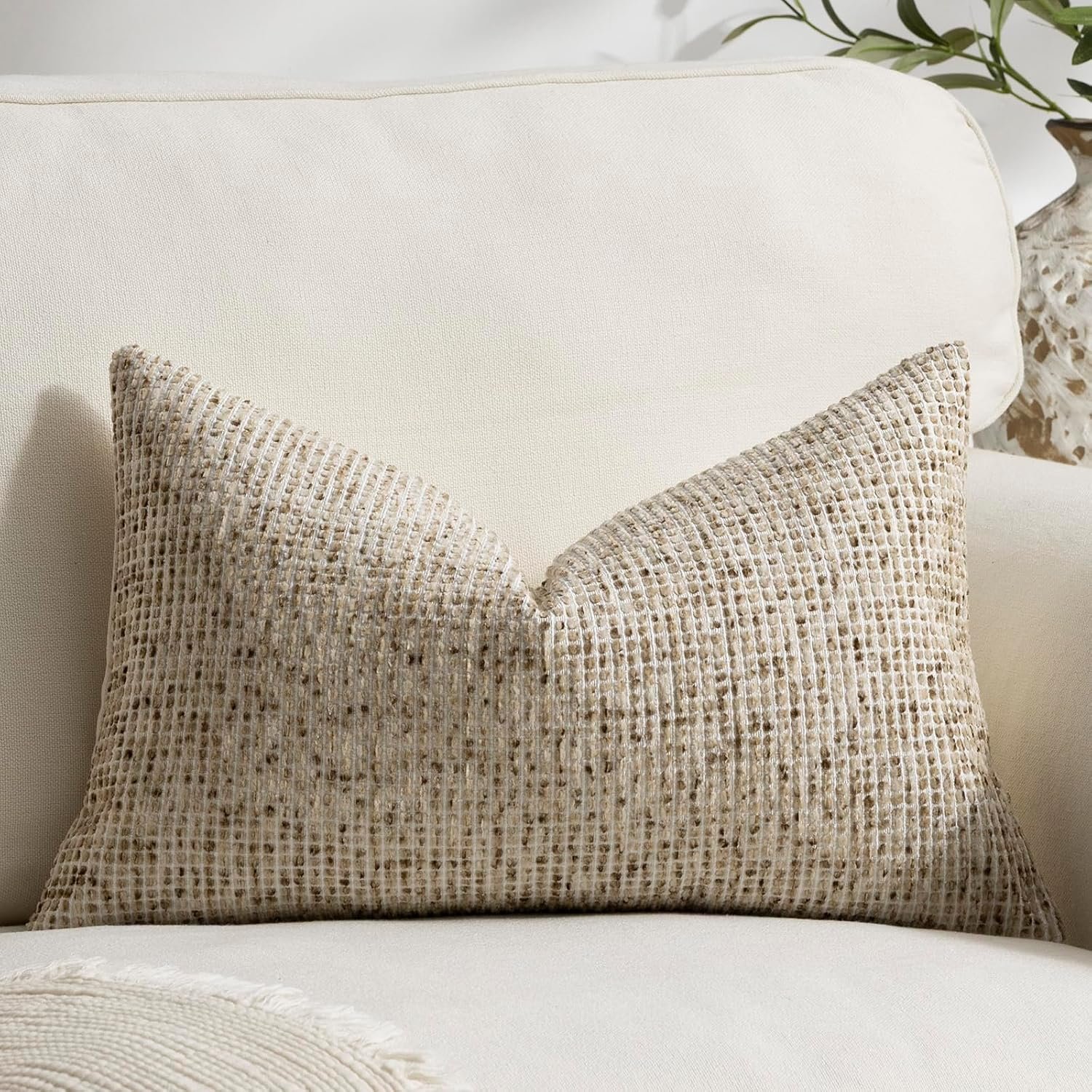Pack of 1 Neutral Lumbar Pillow Covers 12×20 Boho Textured Dots Stripe Chenille Rectangular Decorative Throw Pillow Cases Accents for Living Room Couch Bed Farmhouse Home Decor, Taupe