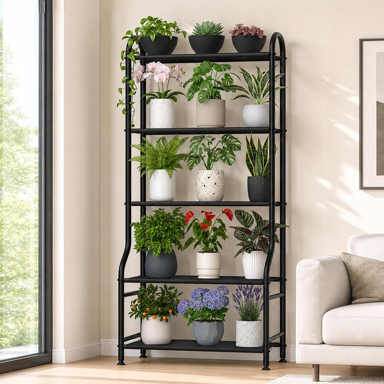 5-Tier Metal Plant Stand – Heavy Duty Indoor Outdoor Flower Shelf for Multiple Pots, 65″ Tall Vertical Holder with Adjustable Leveling Feet & Wall-Fixing Kits, Black