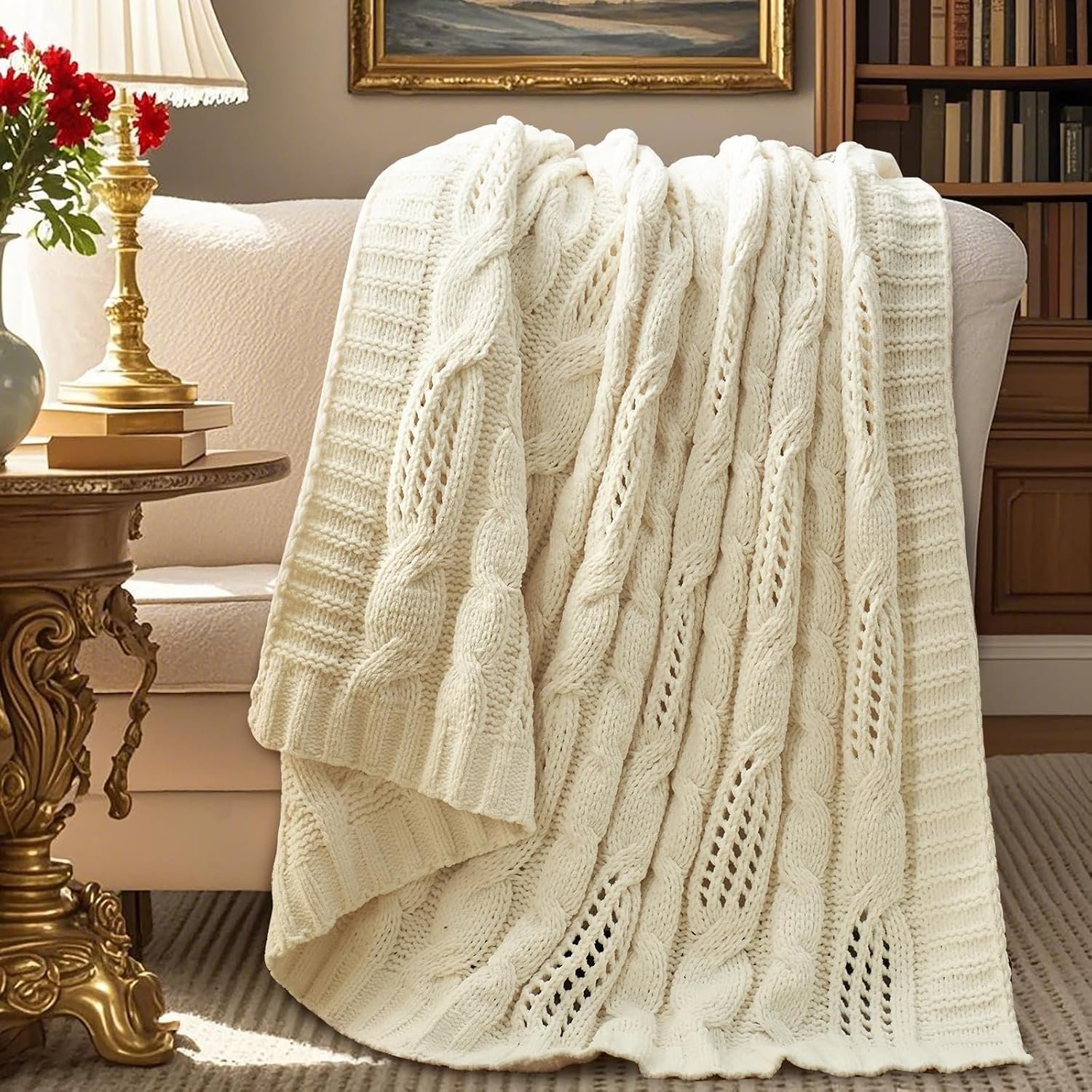 Amélie Home Chunky Knit Throw Blanket, Dual-Sided Soft Chenille Breathable Cable Knitted Blanket for Couch, Farmhouse Decorative Throw for Sofa & Chair, 60″x80″, Ivory