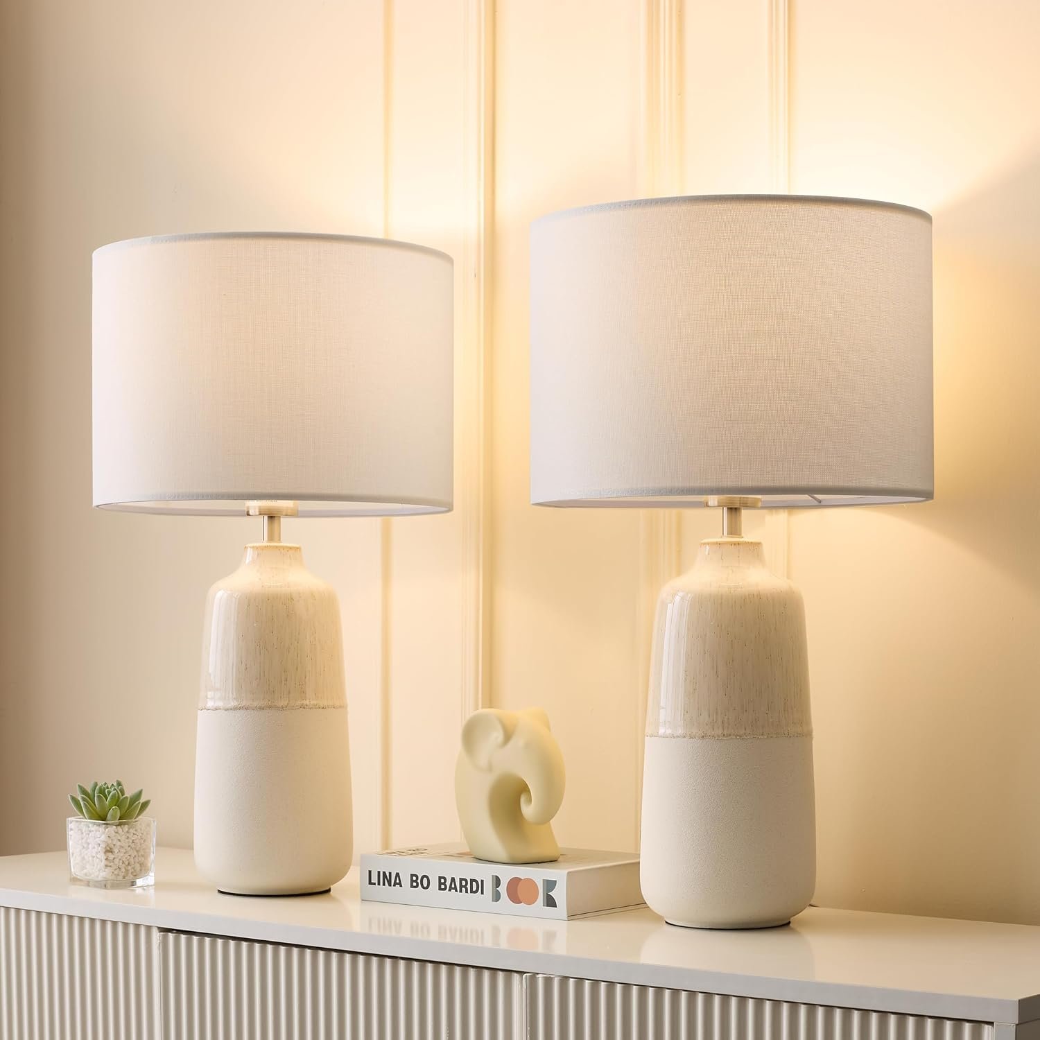 BrightWe Tall Ceramic Table Lamp Set of 2, White Lamps for Bedroom Farmhouse Rustic Lamp Set Bedside Nightstand Lamps Set of Two Side Table Lamps for Living Room, 22IN