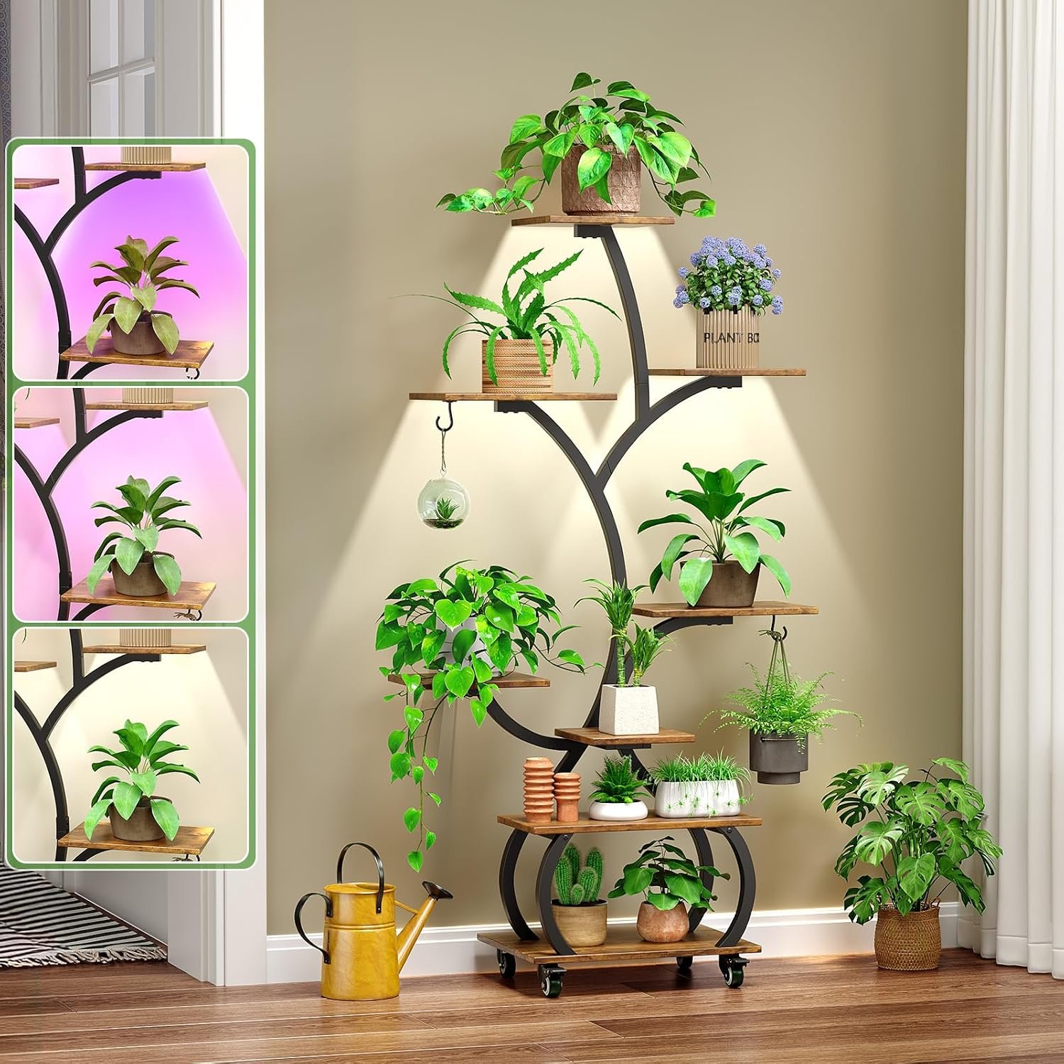 VINGLI 48″ Rolling Plant Stand with Grow Lights, 8-Tier, Black & Brown