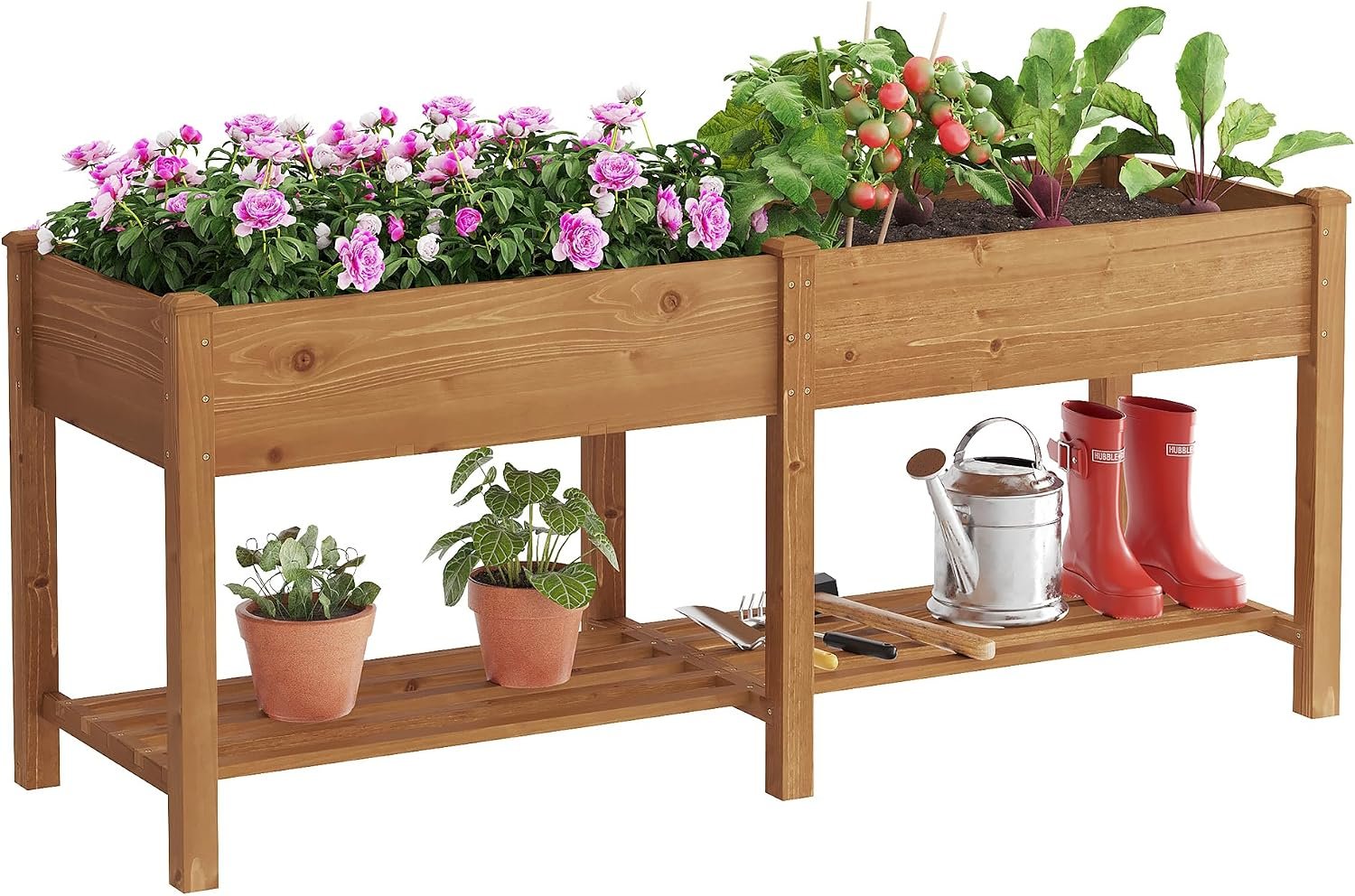 Raised Garden Bed with Legs Elevated Wooden Planter Box Stand Large Planter Stand Box for Fruits Vegetables Flowers with Divider with Bag- 72 * 24 * 30.5IN（Brown）