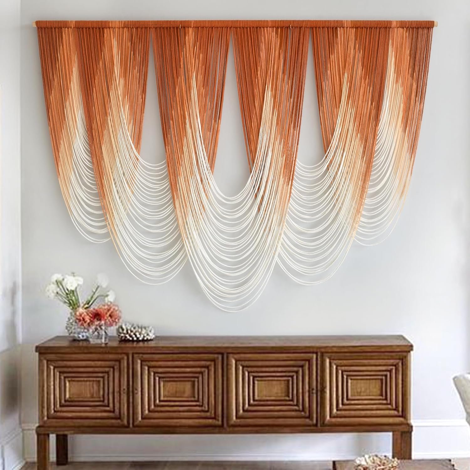 Macrame Wall Hanging Orange Boho Dip Dye Fiber Art Craftsmanship 57″W*41″L
