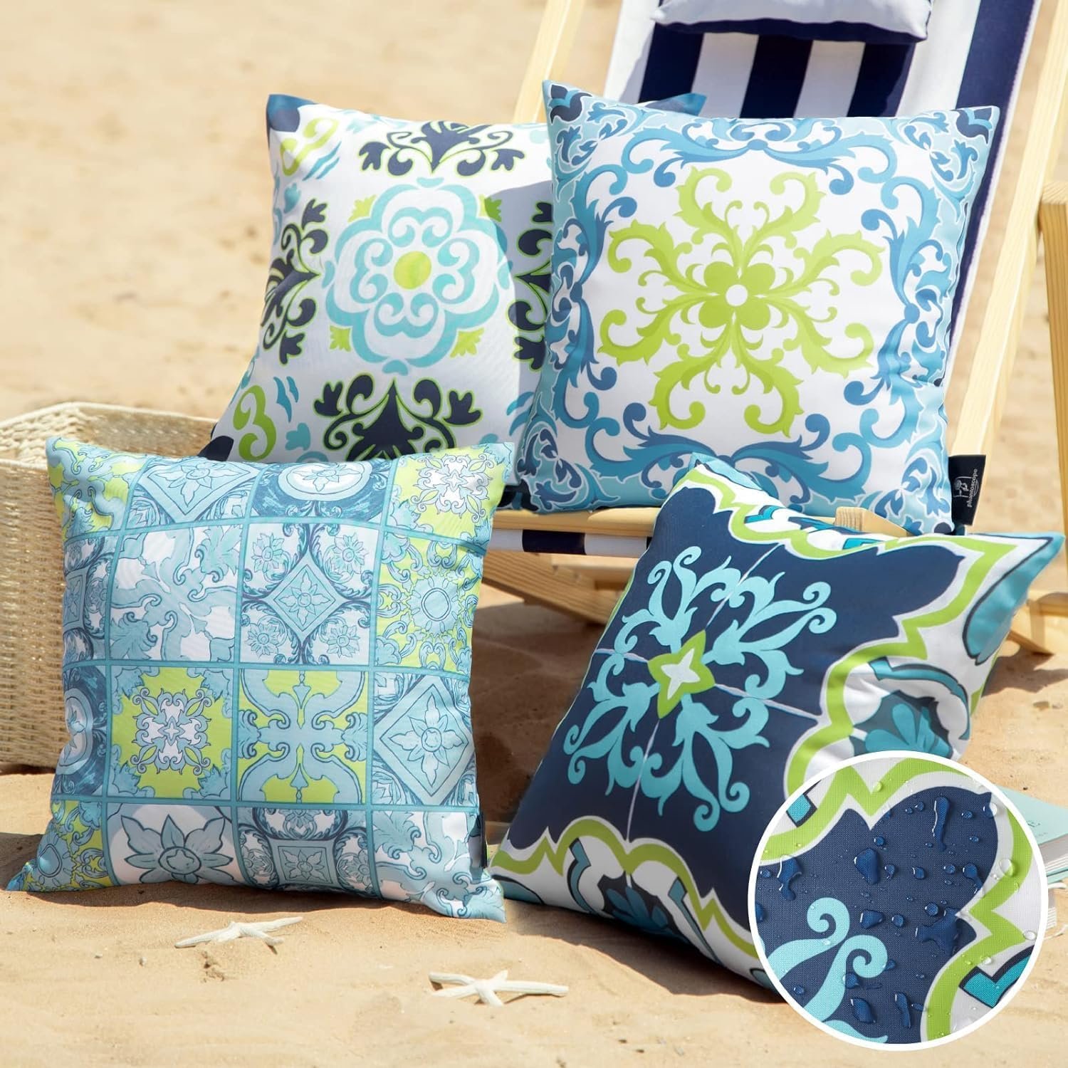 Phantoscope Set of 4 Outdoor Waterproof Throw Pillow Covers,Geometric, Decorative Boho Farmhouse Outdoor Pillows Cushion Case for Home Patio Furniture Tent, Blue and Green 20×20 Inches