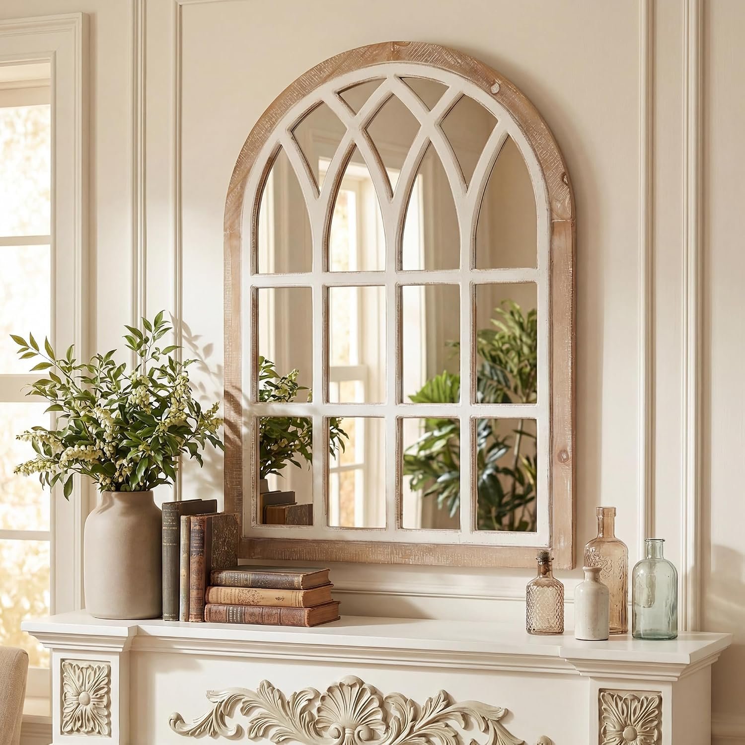 Farmhouse Window Pane Mirror, Large Decorative White Wall Mirror for Living Room Kitchen Entryway, 24 L x 34,Brown