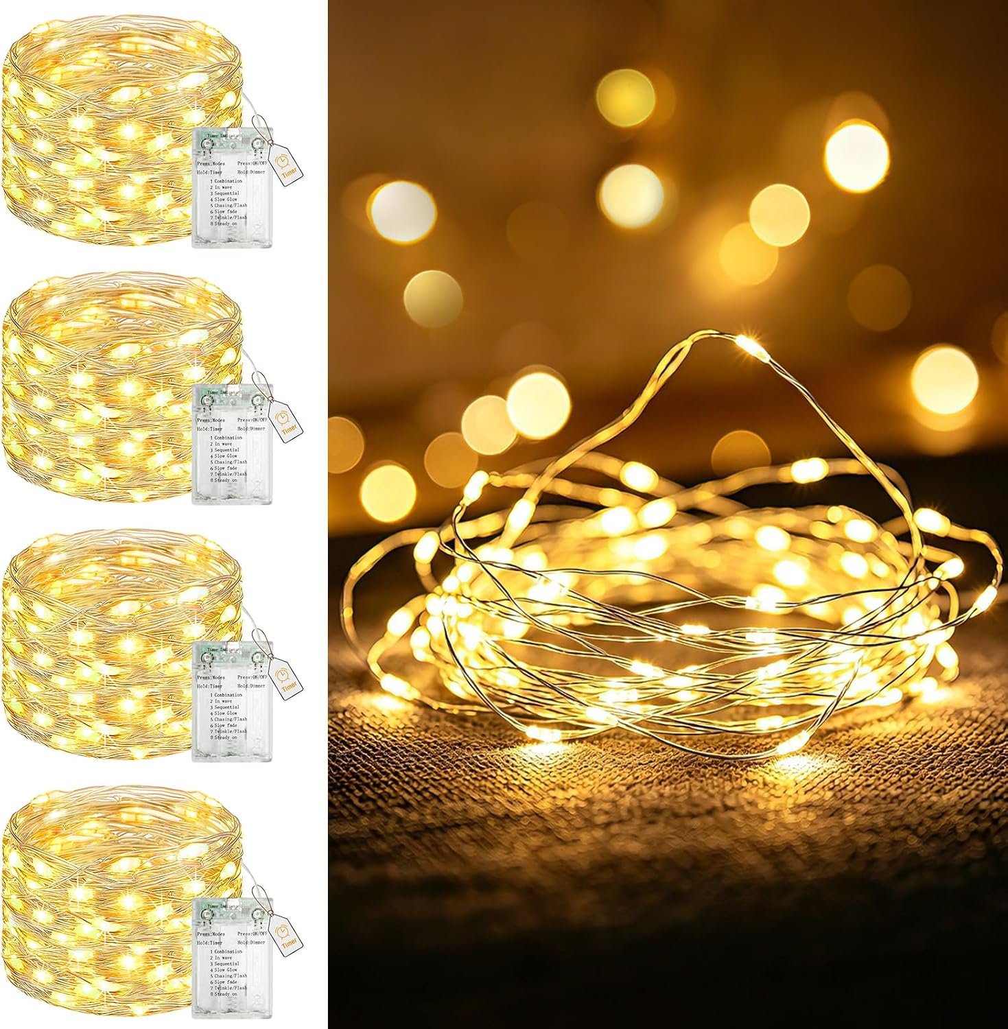 btfarm 4 Pack Fairy Lights Battery Operated with Timer, Dimmable, 8 Mode