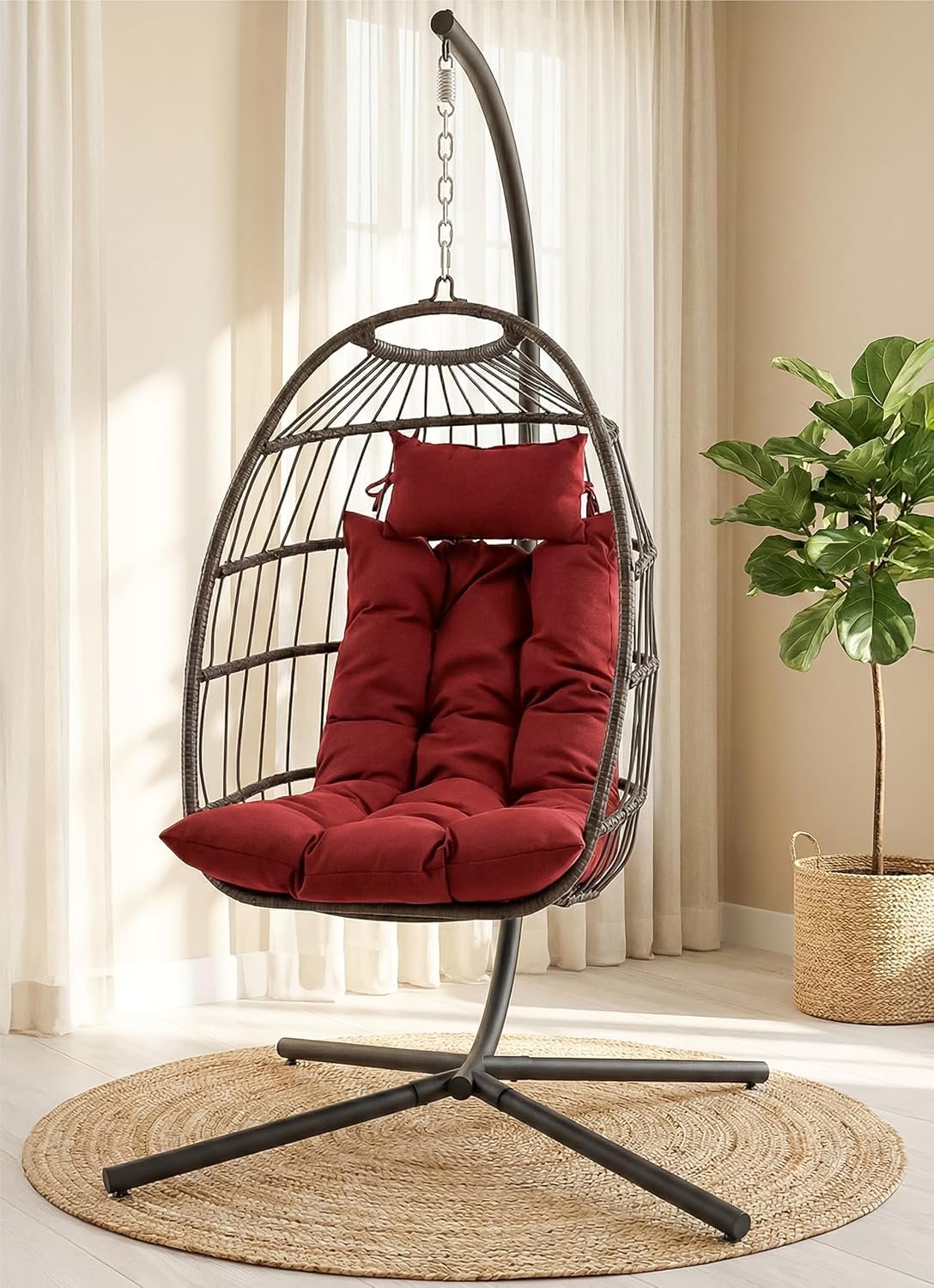 SereneLife Hanging Egg Chair with Stand – Wicker Rattan Swing