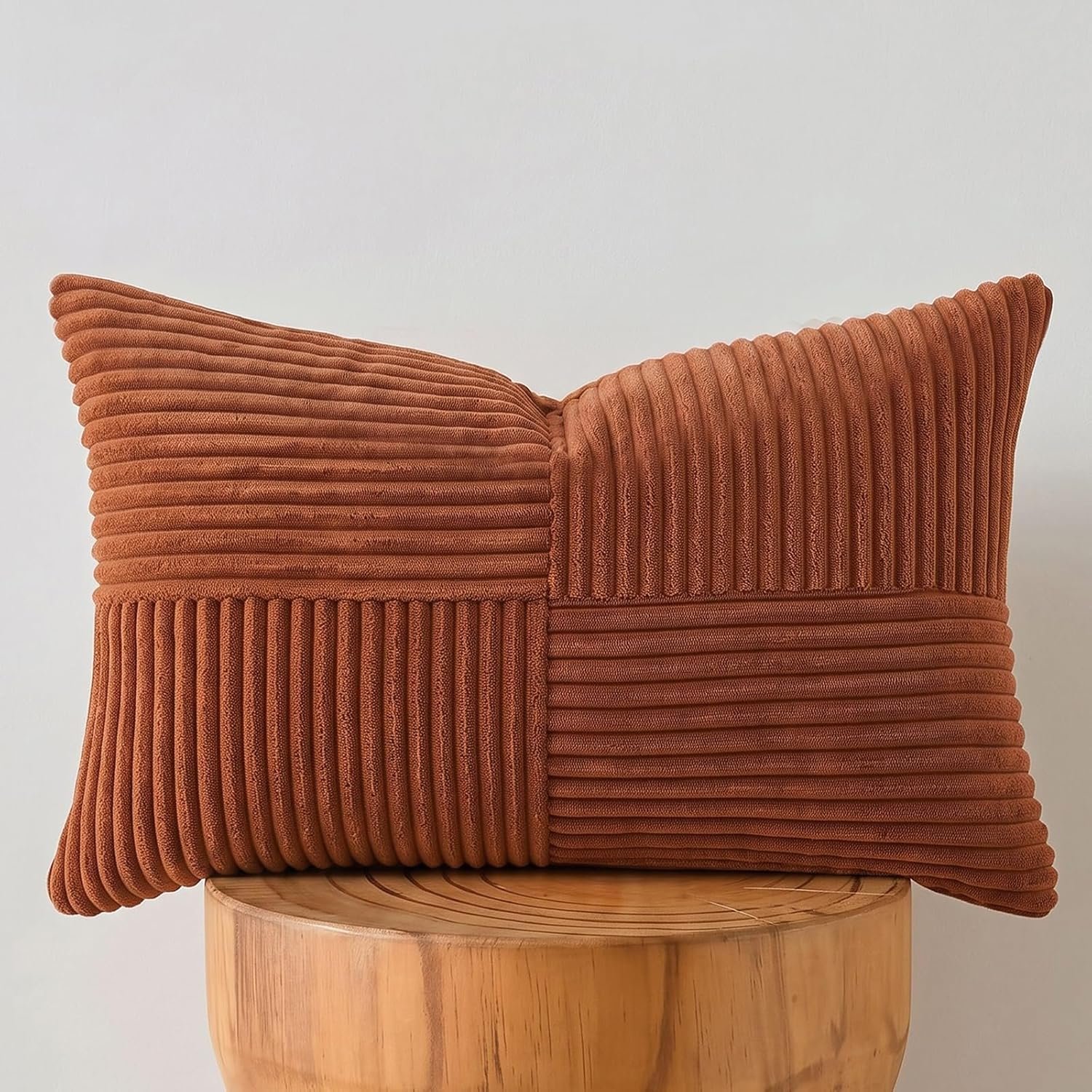 Fancy Homi Rust Lumbar Decorative Throw Pillow Covers 12×20 Inch for Couch Bed Sofa, Rustic Farmhouse Boho Home Decor, Soft Striped Corduroy Rectangle Accent Terracotta Cushion Case 30×50 cm