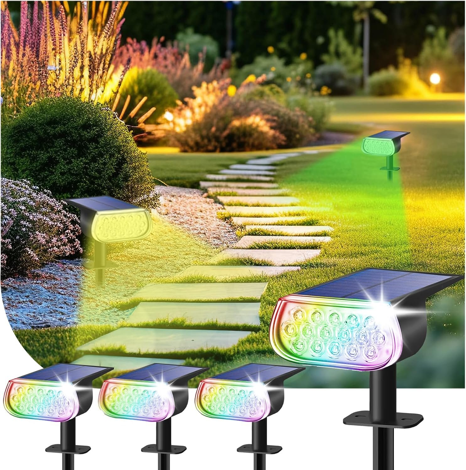 Solar Spot Lights Outdoor Waterproof IP67, Color Changing RGB Landscape Spotlights 8 Lighting Modes Solar Outdoor Lights for Yard Garden Pathway 4 Pack