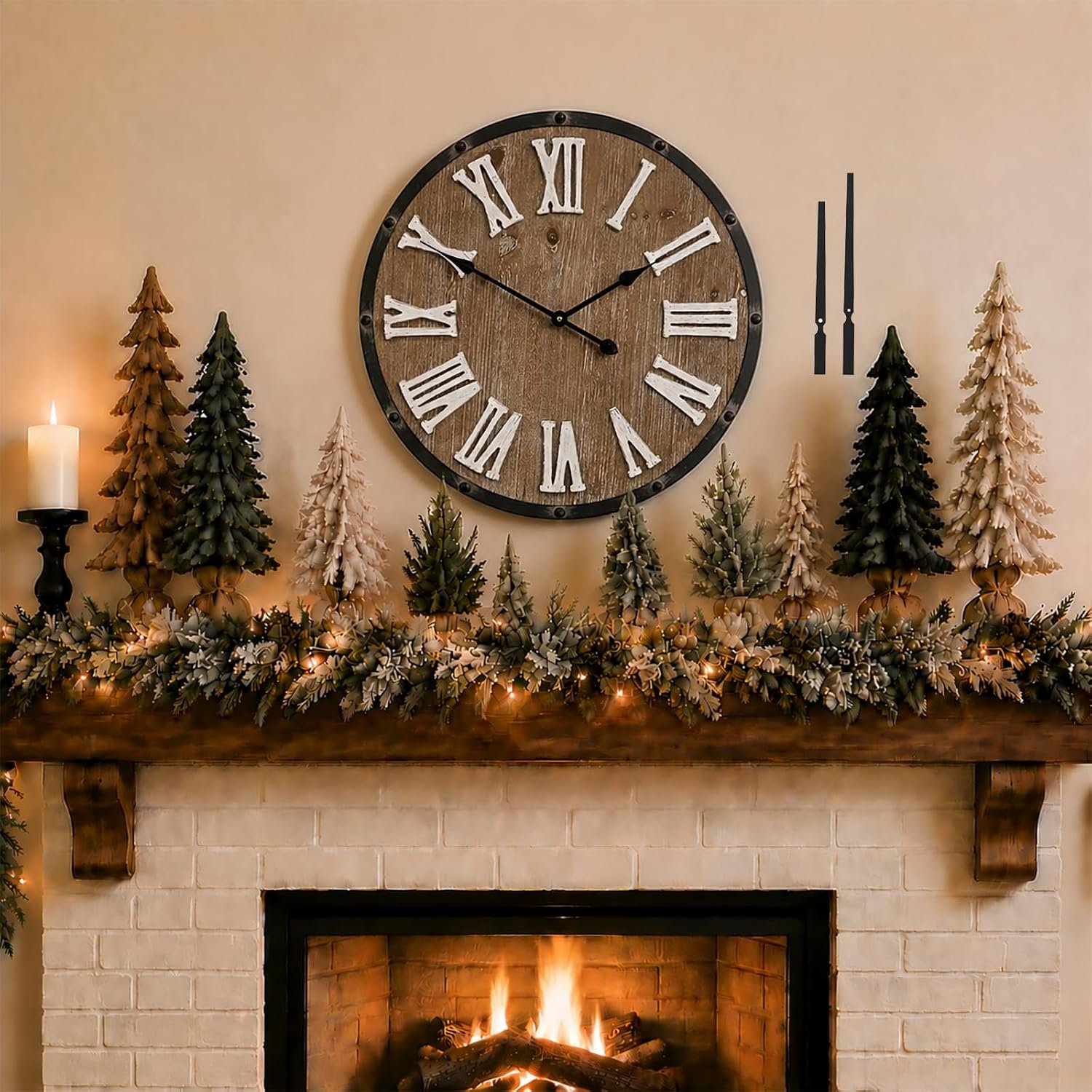 Large 24″ Farmhouse Wall Clock, Rustic Wood Round Timepiece with Raised Roman Numerals, Black Metal Frame, Silent Quartz, Durable & Easy-to-Clean, Living Room & Entryway Decor (Weathered Brown)