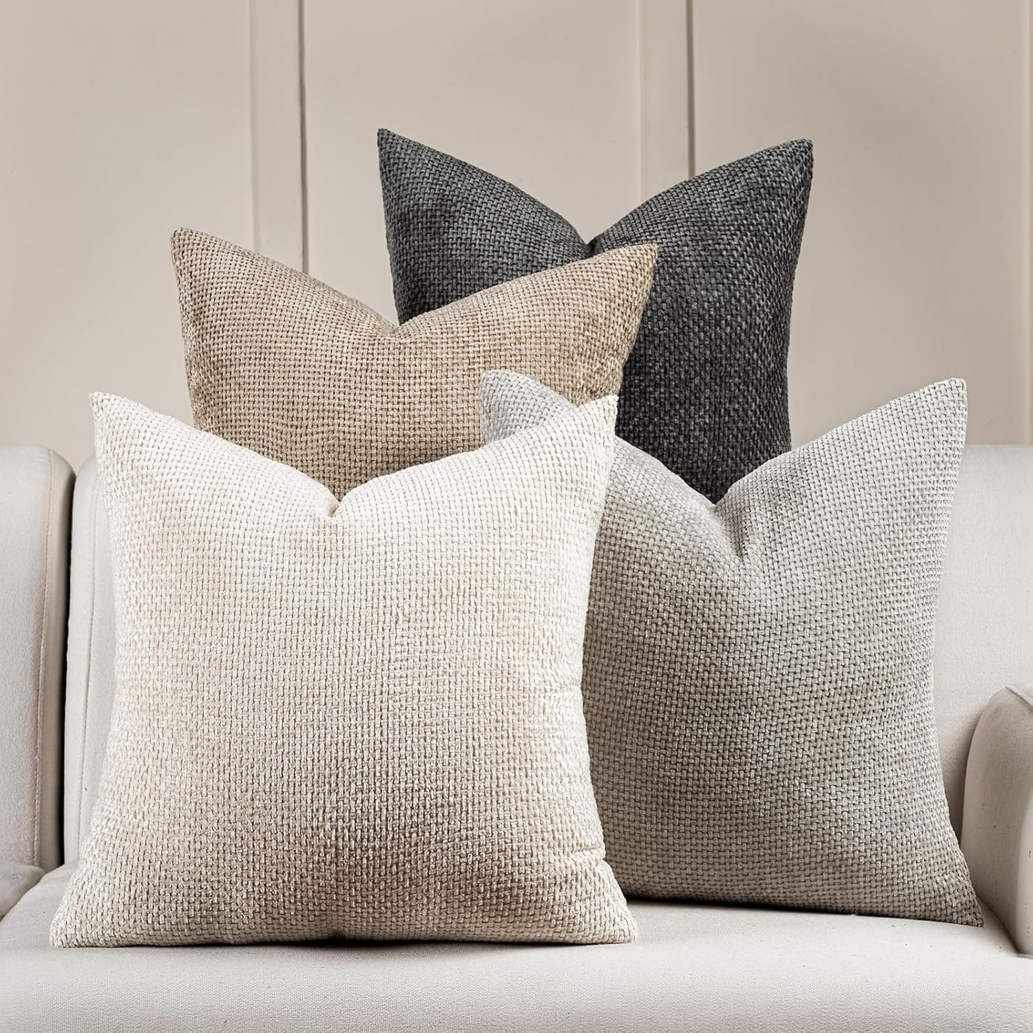 Volcanics Boho Throw Pillow Covers 18×18 Set of 4, Neutral Chenille Decorative Cushion Covers for Couch, Sofa, Bedroom, Living Room, Farmhouse & Mid-Century Modern Home Decor