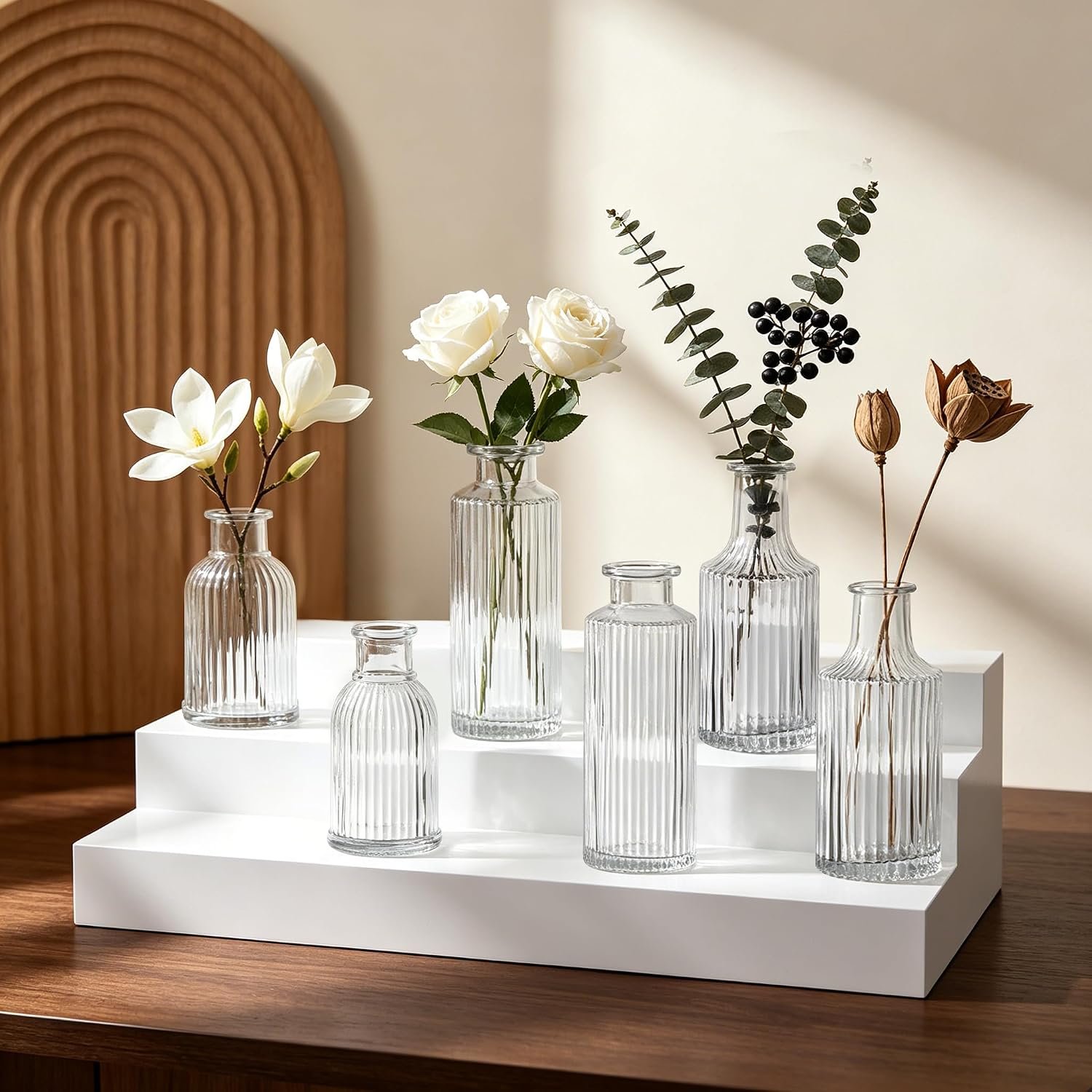 Mini Ribbed Glass Bud Vases Set of 6, Small Fluted Glass Flower Vases for Wedding Reception Centerpieces, Tabletop Decorations, Modern Home Decor