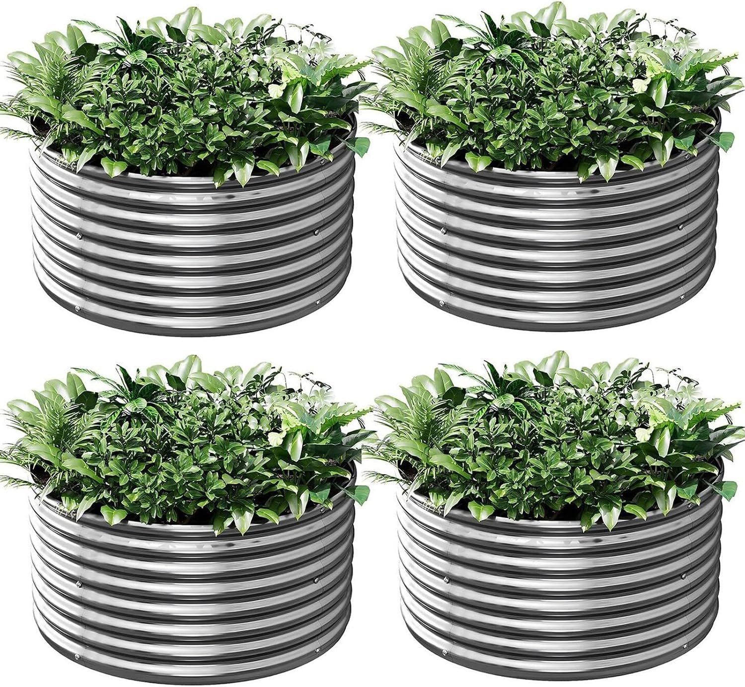 4 Pack Round Galvanized Raised Garden Bed Outdoor, Metal Garden Bed for Vegetables, Above Ground Garden Box for Flower, Steel Raised Beds for Gardening – 2FT