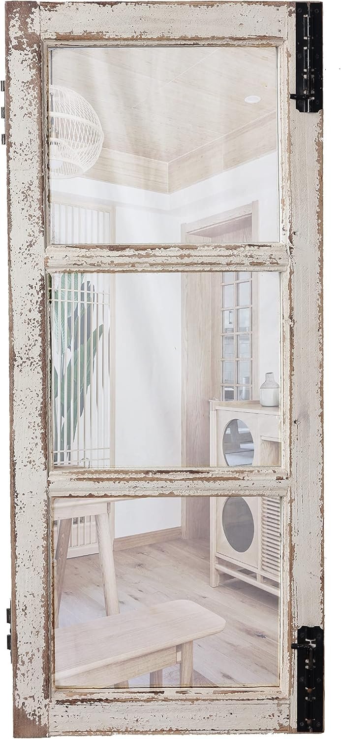 Farmhouse Wood Frame Window Mirror 14″ x 33″, Distressed White