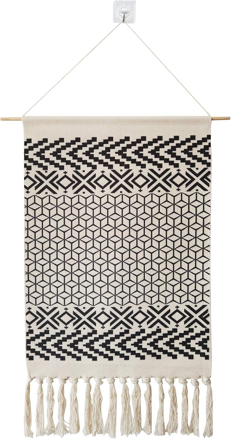 Macrame Woven Wall Tapestry Hanging Art, 20×34 Large Boho Chic Bohemian Morocco Black White Diamond Rhombus Geometric Tapestries Decor for Apartment Dorm Kids Living Room Bedroom Door Entrance