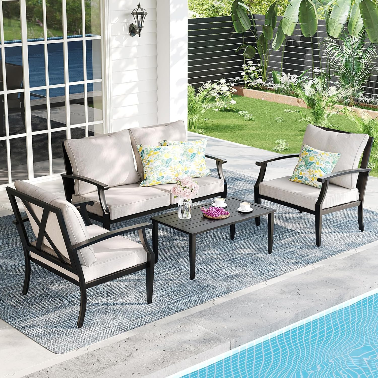 4-Piece Patio Furniture Set, Wider Outdoor Metal Seating Sofa with High Back & Lovsest, Coffee Table, All Weather Conversation for Backyard, Poolside, Deck-Beige
