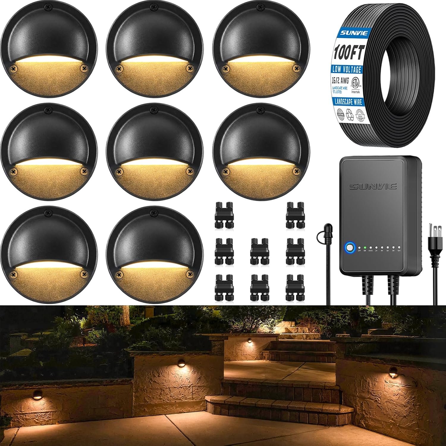 SUNVIE 8-Pack Low Voltage Deck Lights Kit with 60W Transformer & 100FT Wire