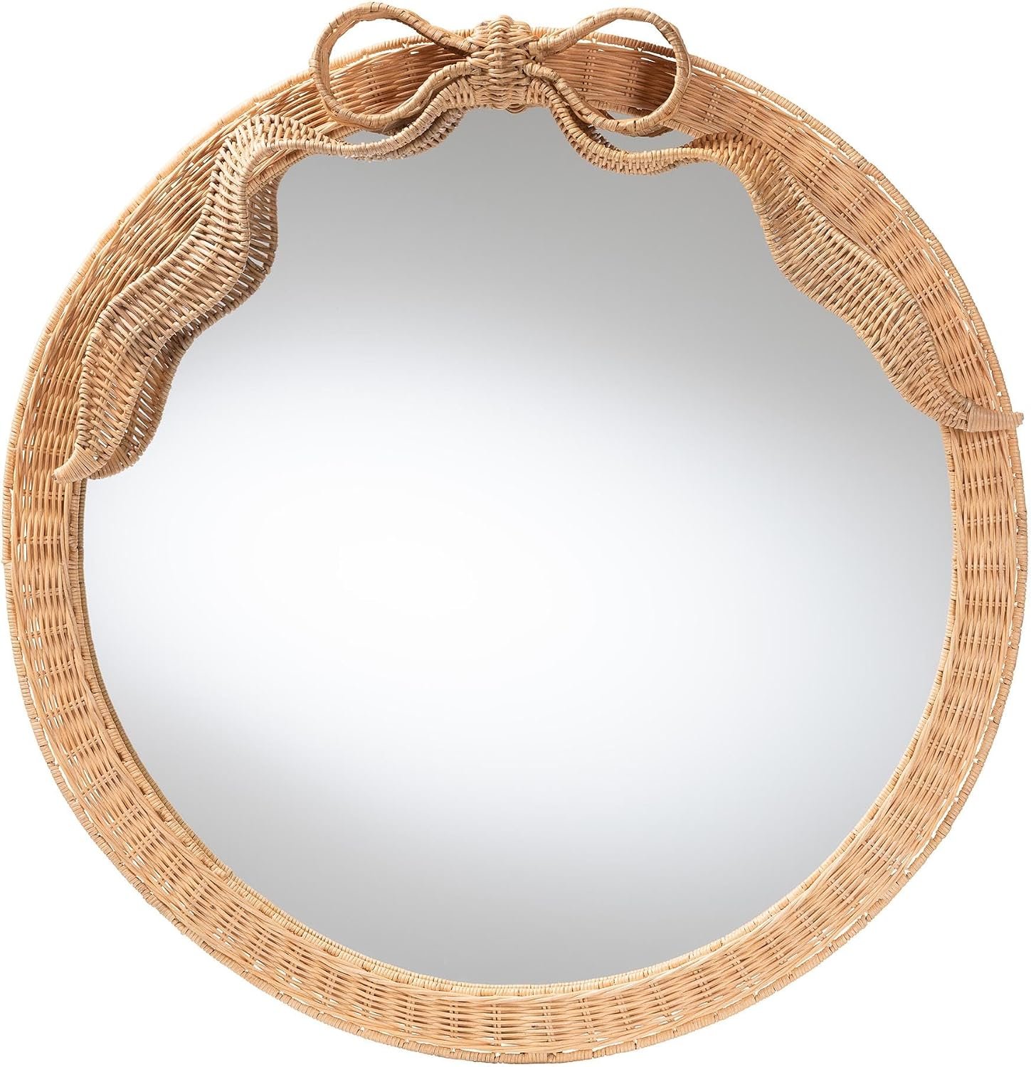 Bali & pari Creusa Natural Rattan Round Wall Mirror -Handwoven Wicker Frame with Decorative Bow Accent, Coastal Boho Wall Décor for Entryway, Bedroom, or Living Room